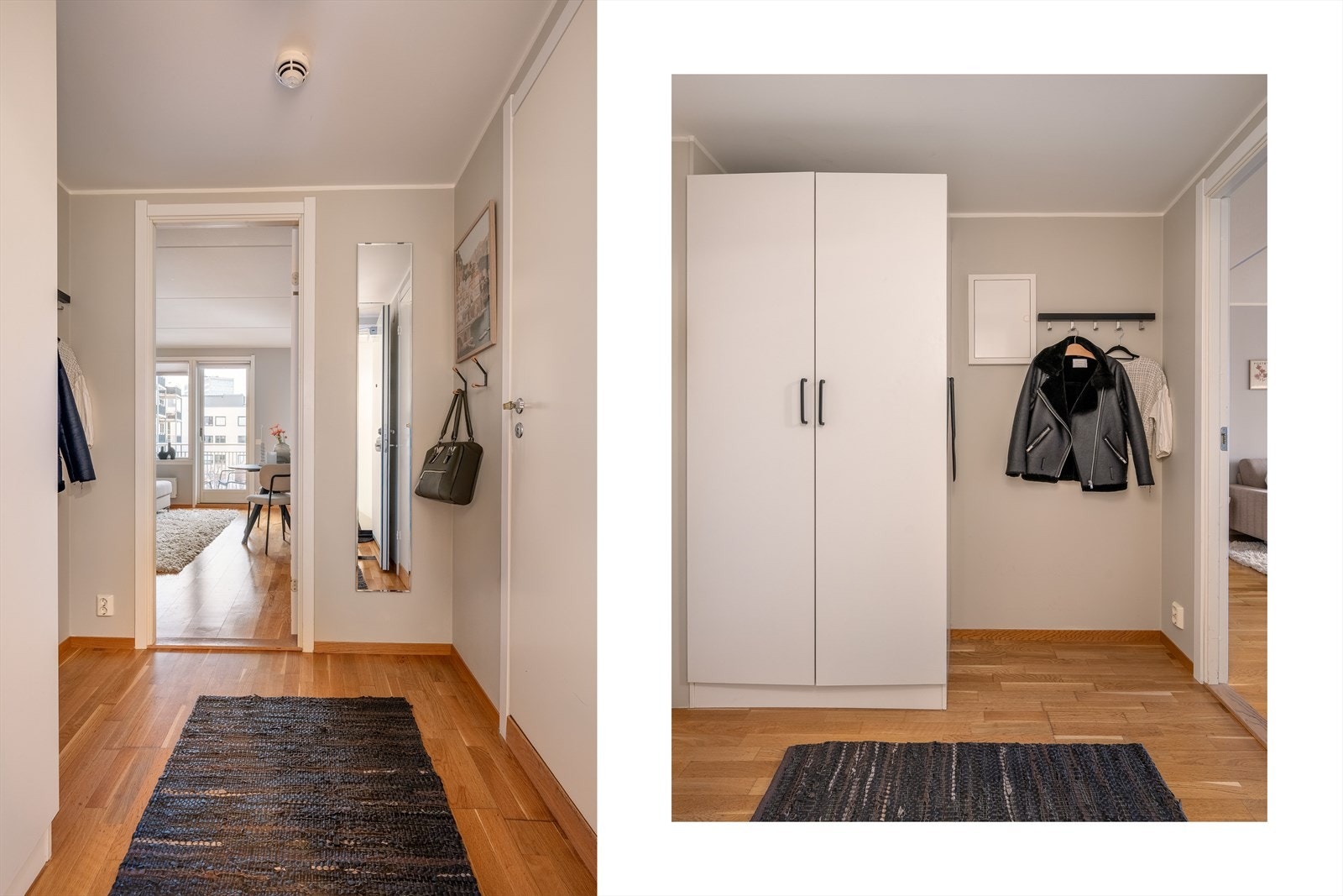 Den romslige gangen er holdt i lyse toner og gir et godt førsteinntrykk av leiligheten. Galleribilde