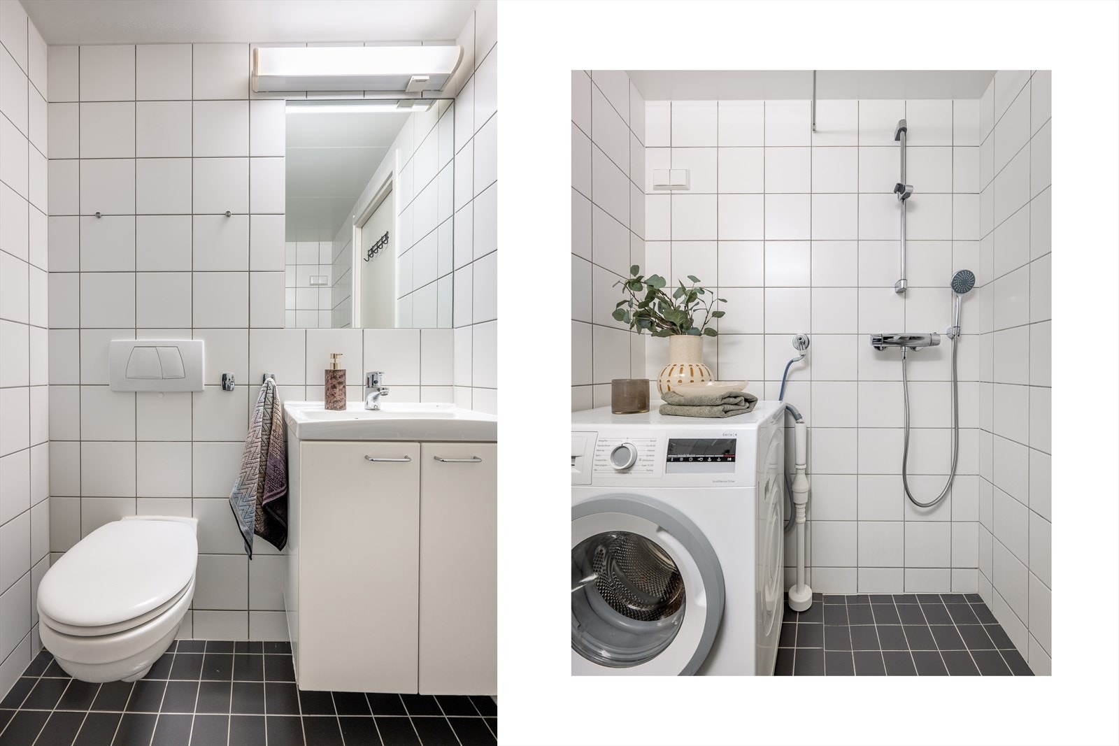 Innredningen består av dusjhjørne, servantskap med ovenpåliggende servant, speil og vegghengt toalett. Galleribilde