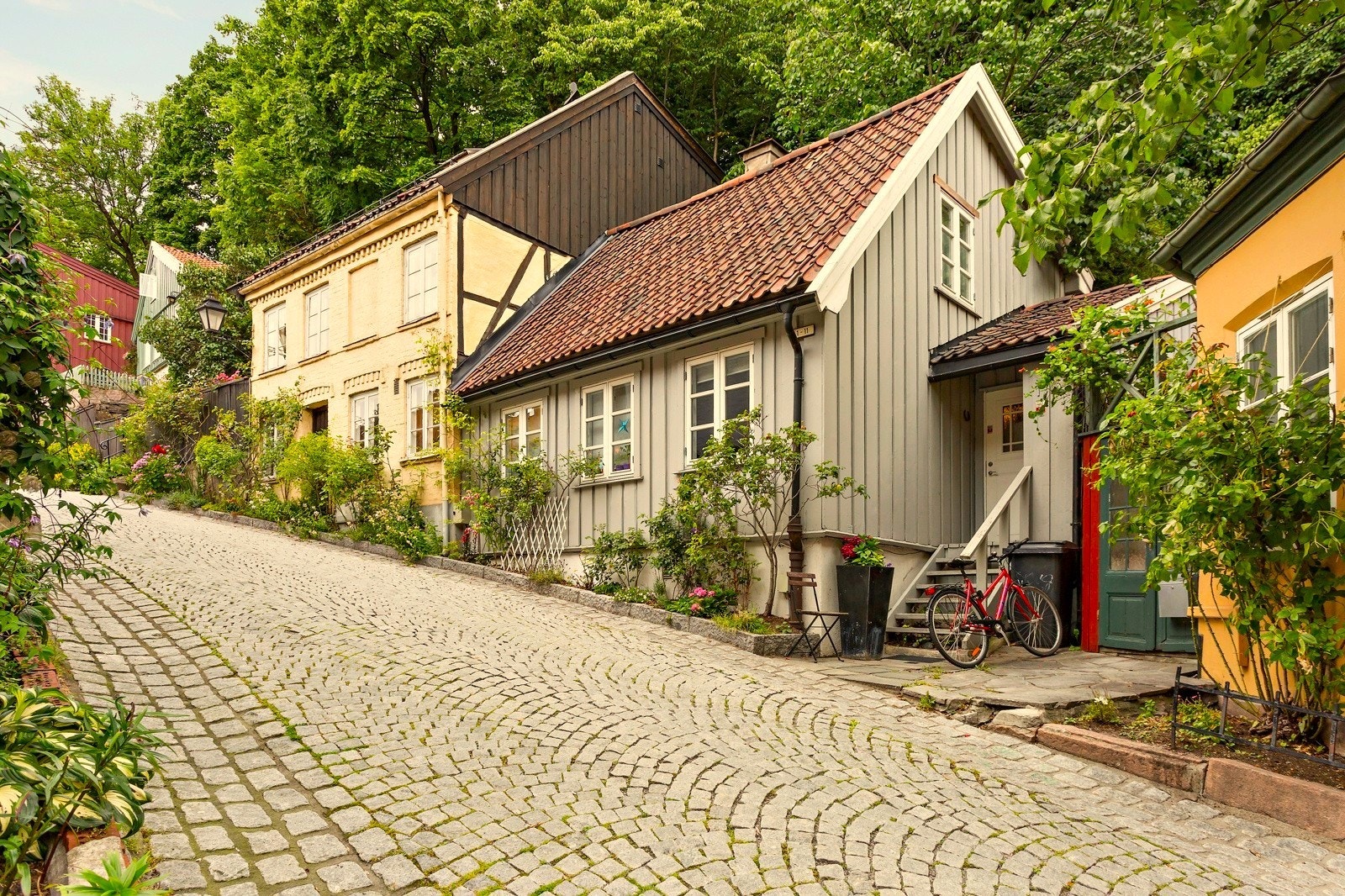 Damstredet med sjarmerende trehusbebyggelse og brosteinbelagte veier. Galleribilde