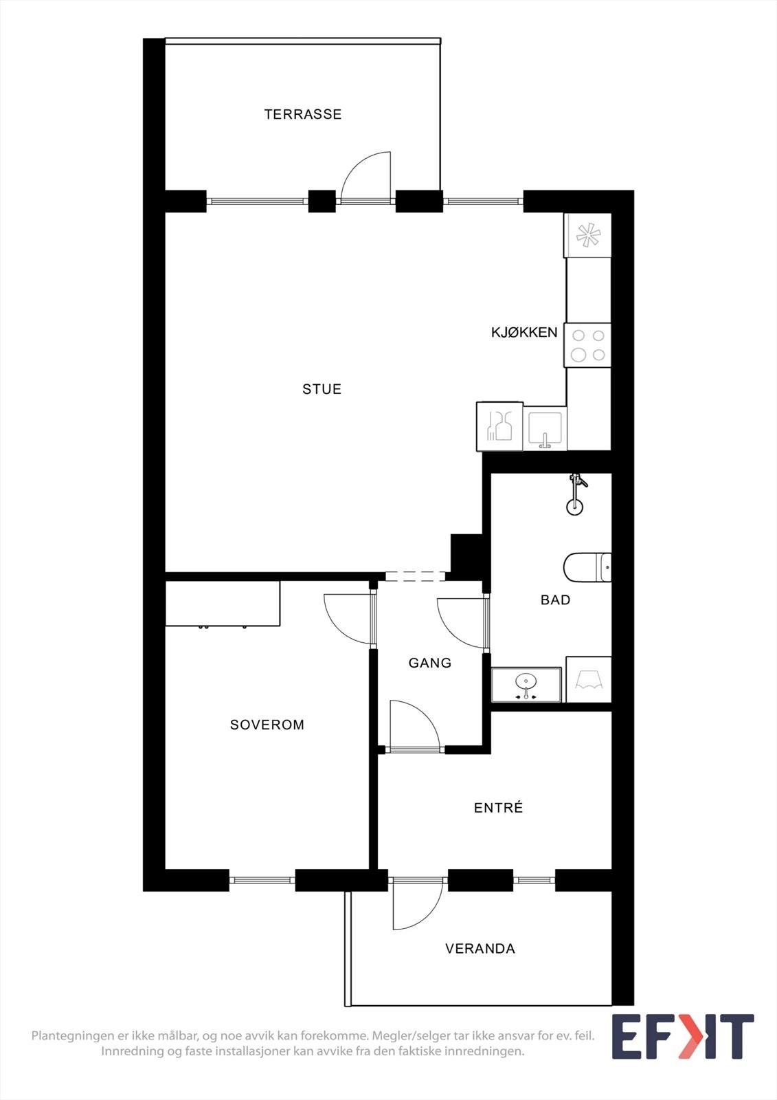 Plantegningen viser en arealeffektiv leilighet med en gjennomtenkt romfordeling og alt på ett plan. Galleribilde