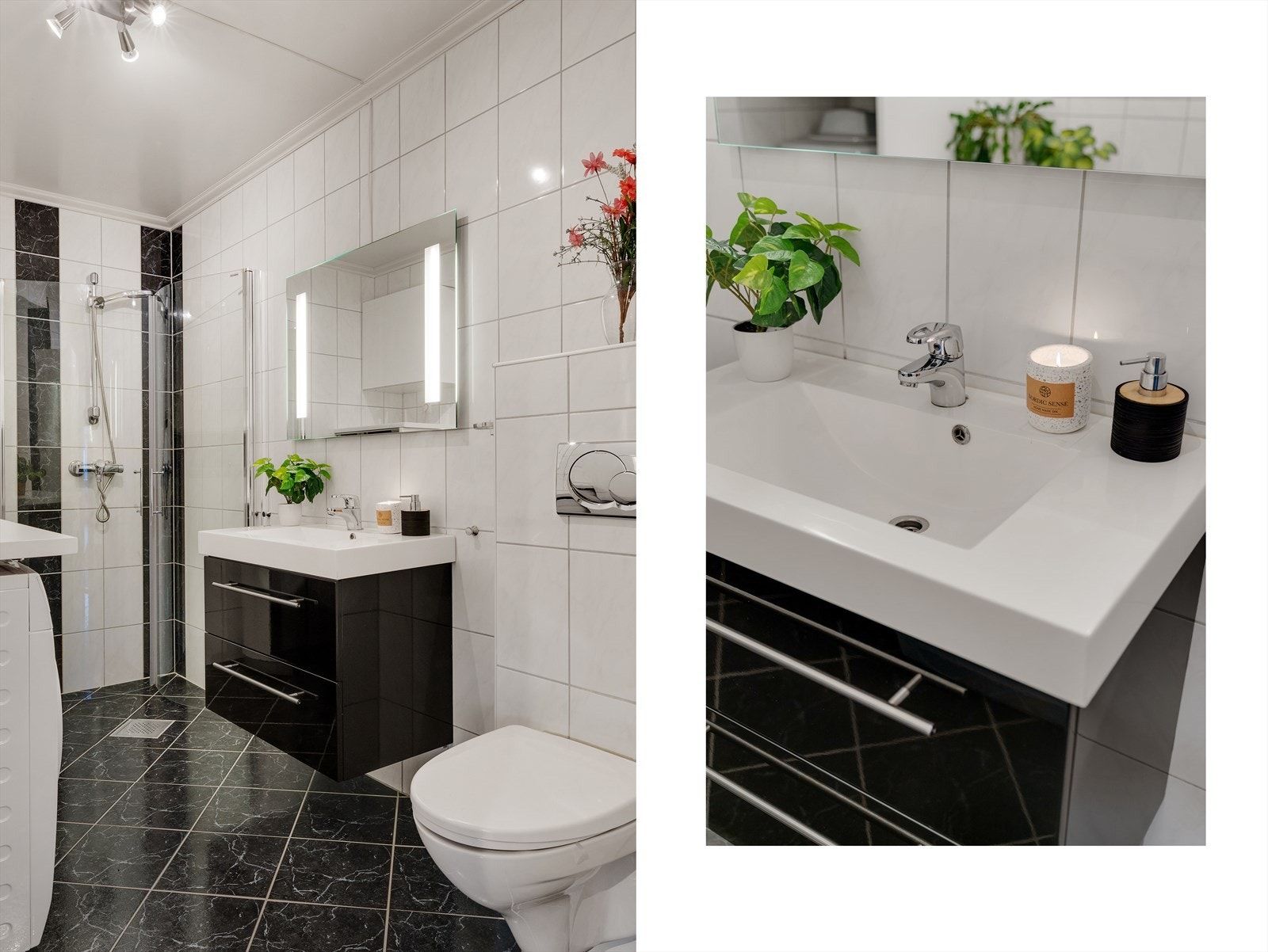 - Badet inneholder servant m/underskap, dusjdører i glass, innebygd sisterne og benkeplate m/et skap og vaskemaskin - Galleribilde