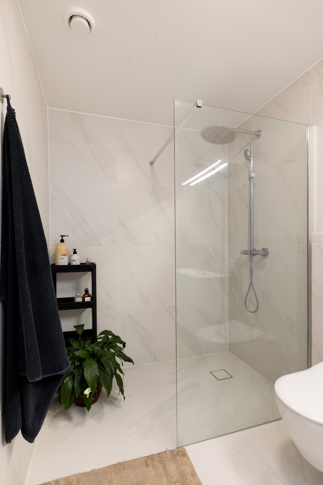 Dusjnisje med vegg i herdet glass samt garnityr med rainshower og håndholdt dusjhode. Galleribilde