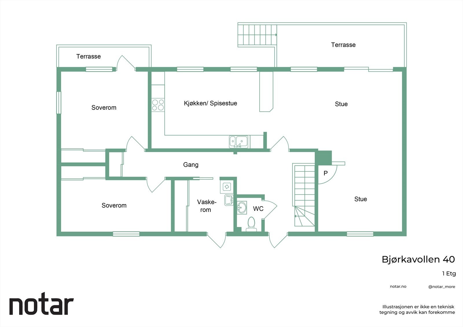 Planløsningen viser en åpen kjøkken- og spisestueløsning med integrerte hvitevarer fra 2002. Galleribilde
