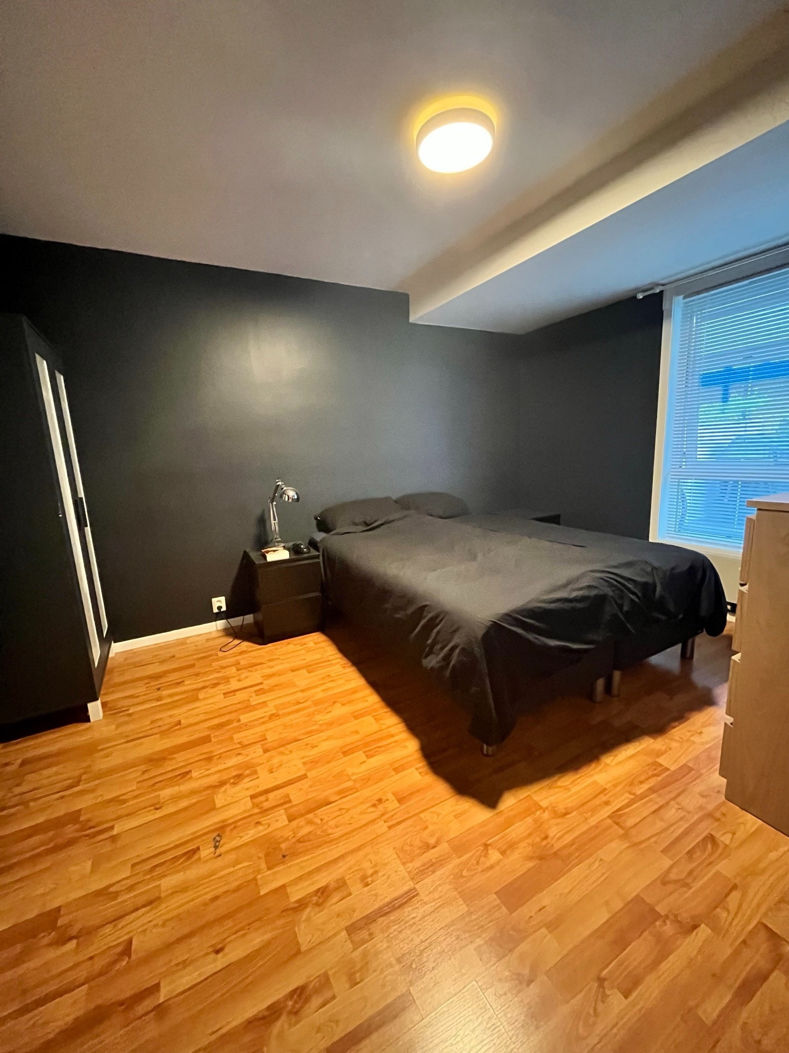 Stort og lunt hovedsoverom med mørke vegger for en god natts søvn Galleribilde