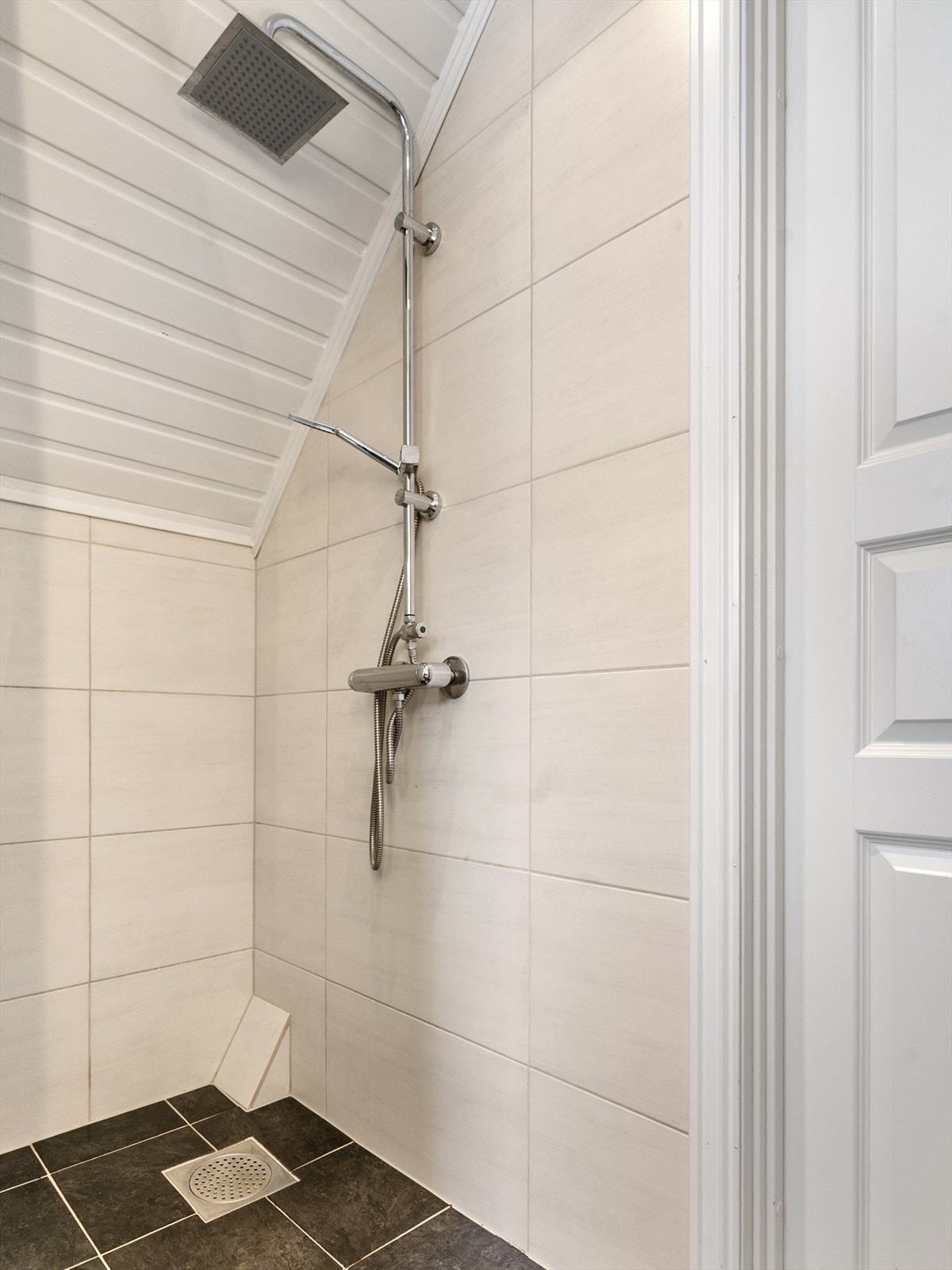 Videre inneholder badet et veggmontert toalett med innebygget sisterne og en vegghengt dusj i en dusjnisje. Galleribilde