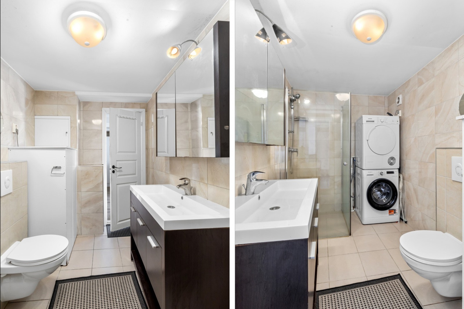 Flislagt bad i første etasje, med dusjnisje, vask, toalett, og vaskesøyle Galleribilde