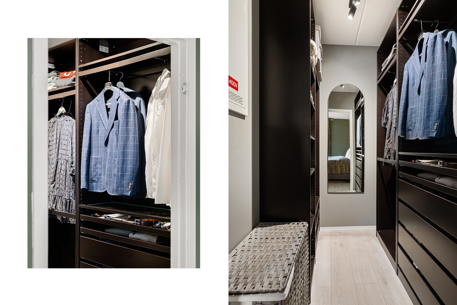 Walk-in-closet med en naturlig overgang mellom rommene. Galleribilde