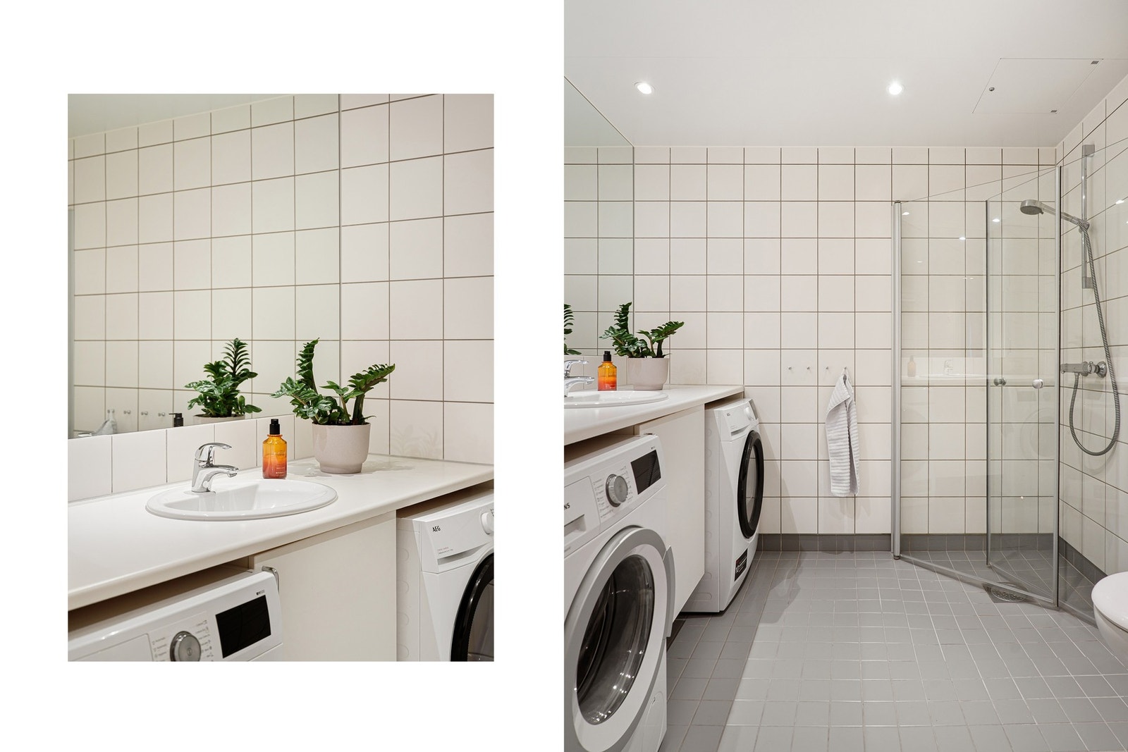 Innredningen består av veggmontert toalett, dusjhjørne med vegger og dører i herdet glass, servantinnredning med tilhørende overskap samt innfelt speil. Galleribilde