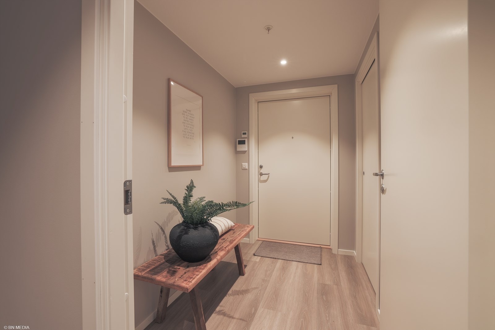 Entréen har pent laminatgulv og plass for oppbevaring, samt tilgang til en praktisk bod. Galleribilde