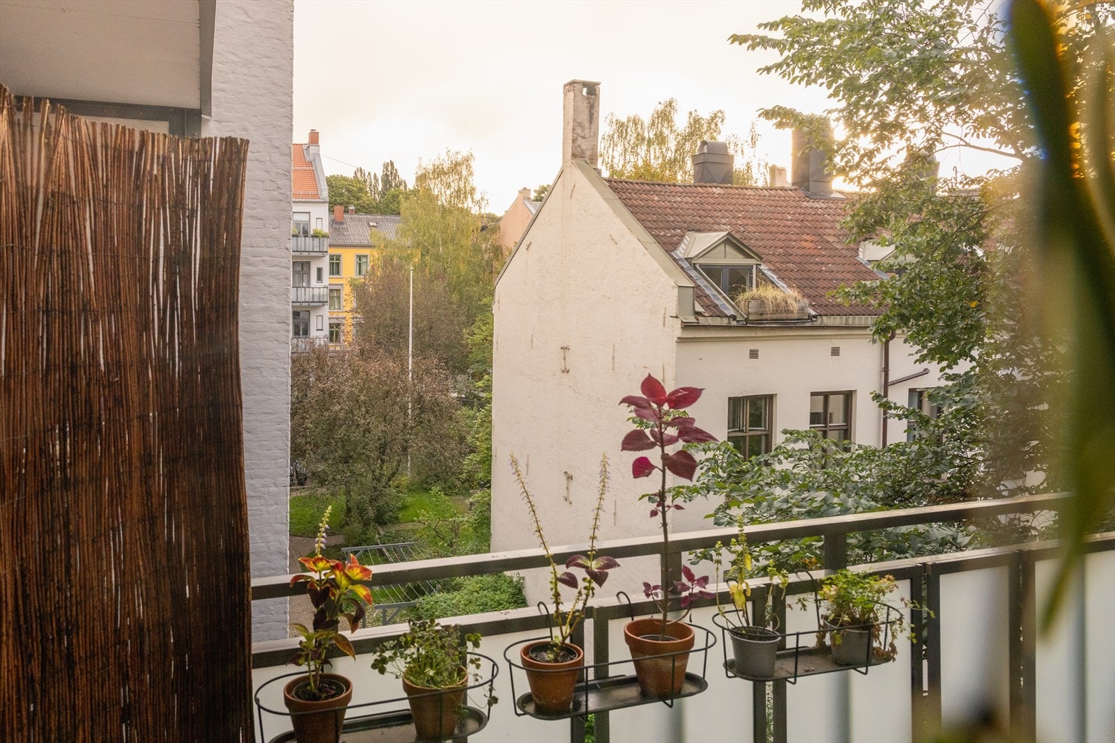 Leiligheten ligger tilbaketrukket og skjermet fra trafikk. Her er bildet fra sommerstid. Galleribilde