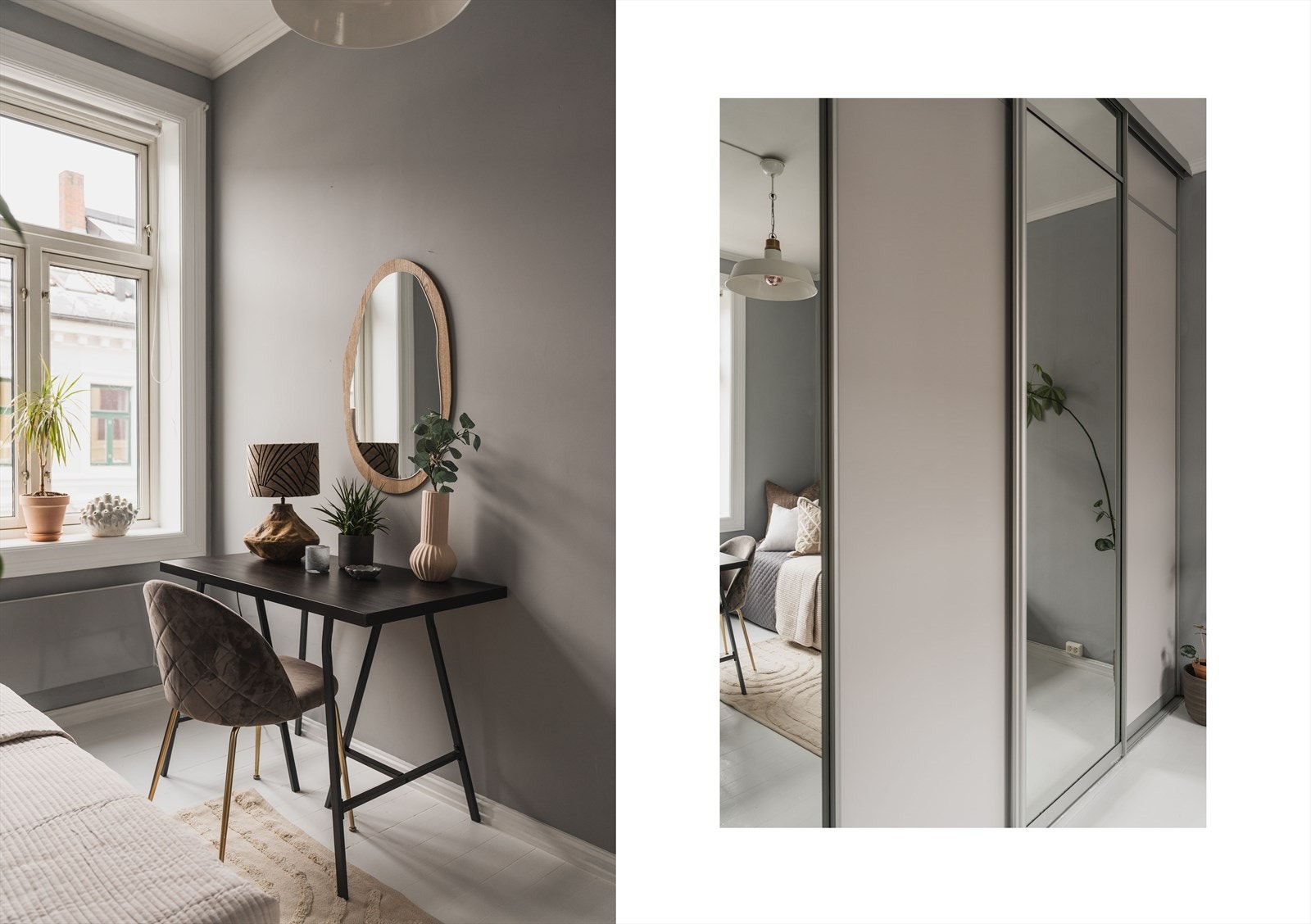 En romslig, plassbygget garderobe med skyvedører gir rikelig med oppbevaringsplass. Galleribilde