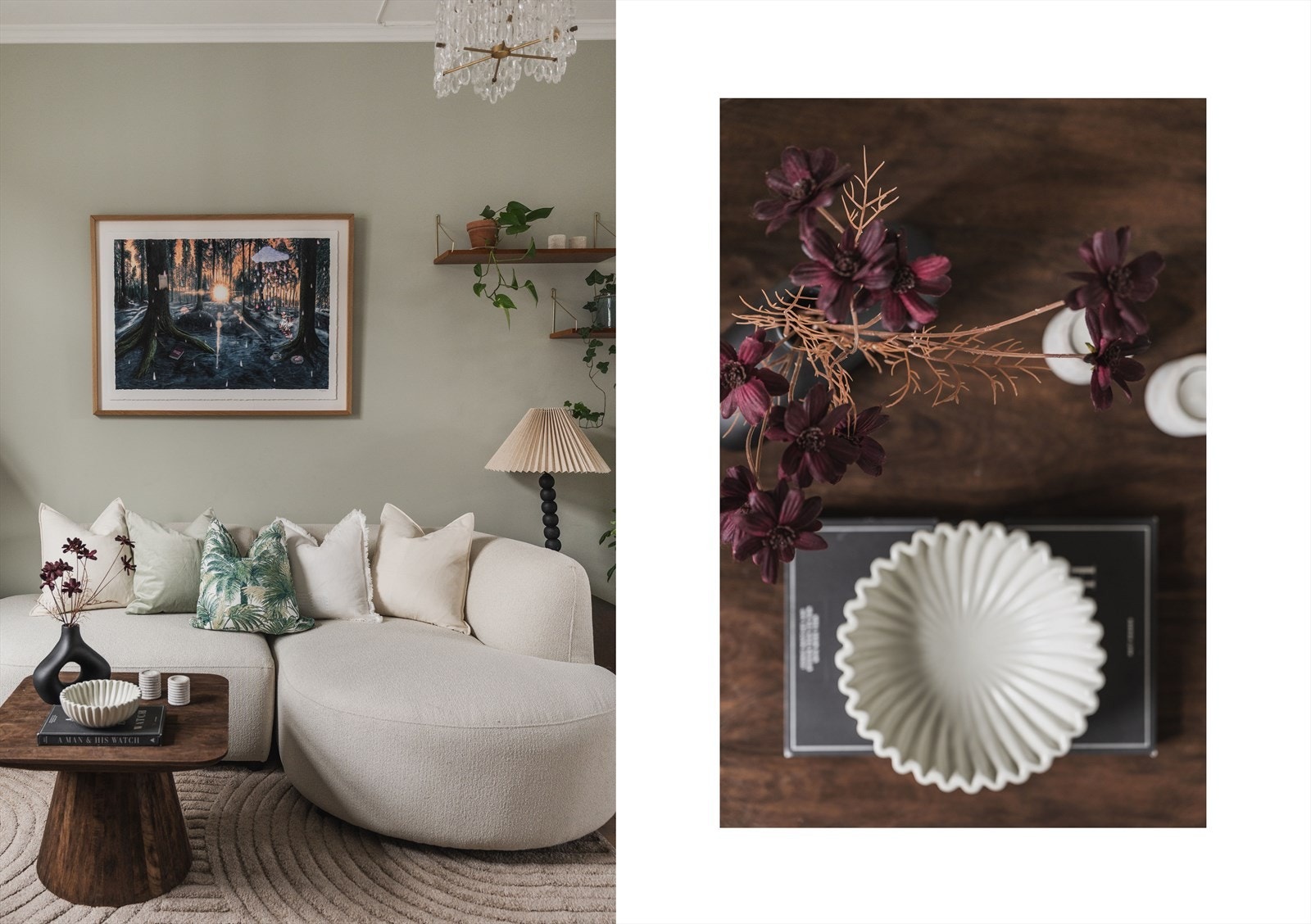 Stuen har tidsriktige, malte vegger som komplementerer de klassiske detaljene. Galleribilde