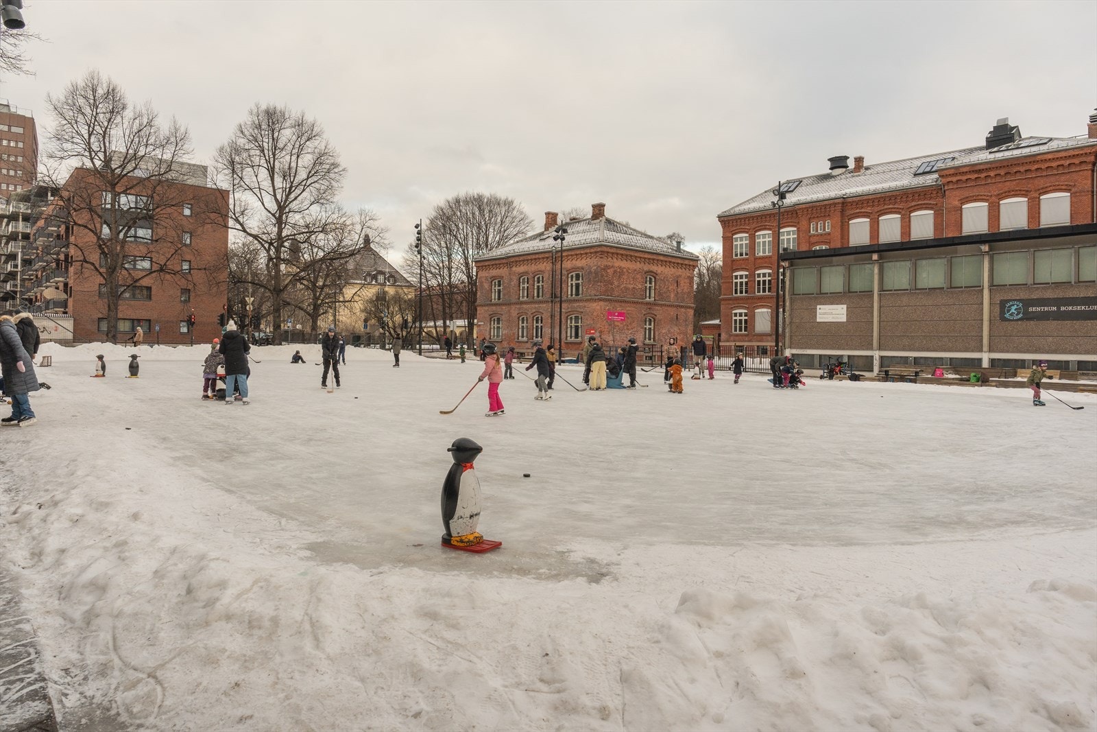 Om vinteren blir deler av lekeområdet ved skolen omgjort til skøytebane. Galleribilde