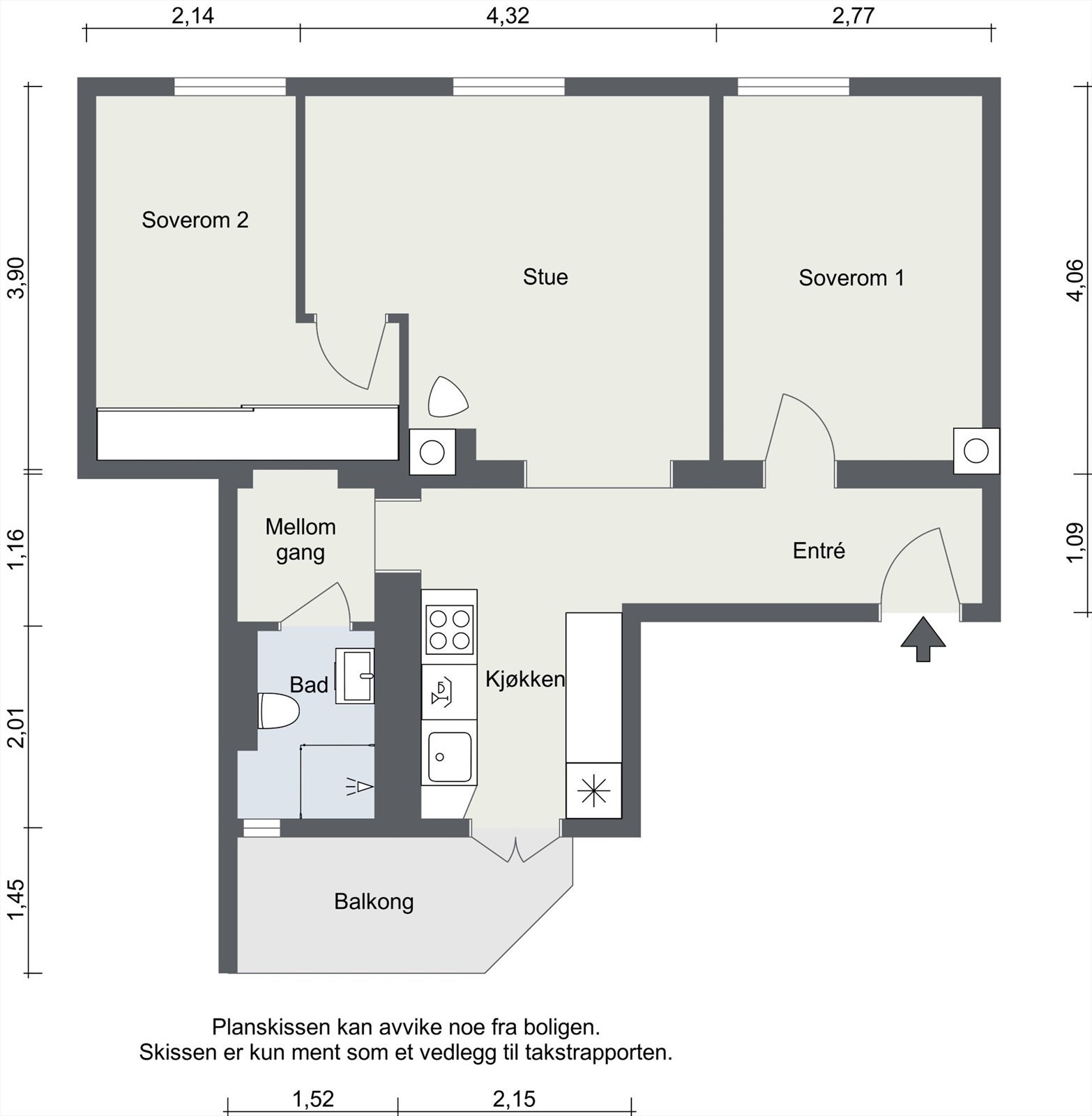 Boligen har en arealeffektiv planløsning med entré, stue, kjøkken, bad og to soverom. Kom på visning for å planlegge hvordan du skal innrede din nye bolig. Galleribilde