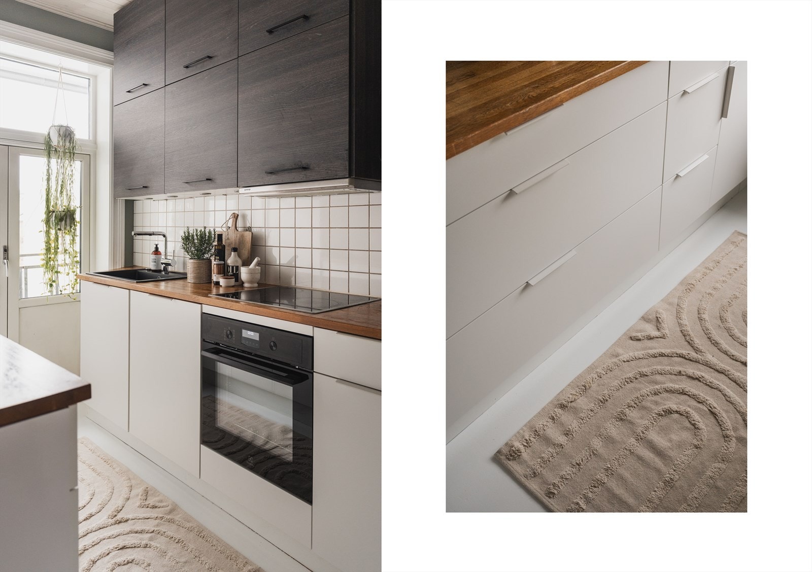 Benkeplaten i heltre gir en varm kontrast til de lyse frontene. Galleribilde