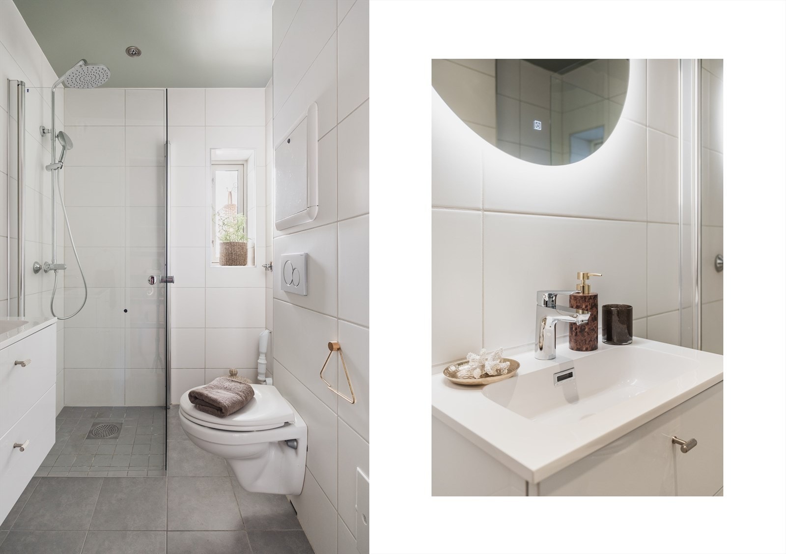 Badet er utstyrt med dusjnisje, vegghengt toalett og servant med underskap. Galleribilde