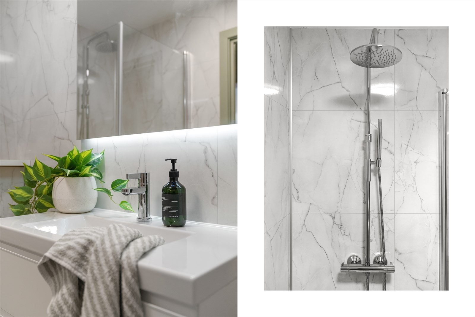 - Her får du et pent, flislagt bad utstyrt med behagelig gulvvarme. Merk regnfallsdusj - Galleribilde