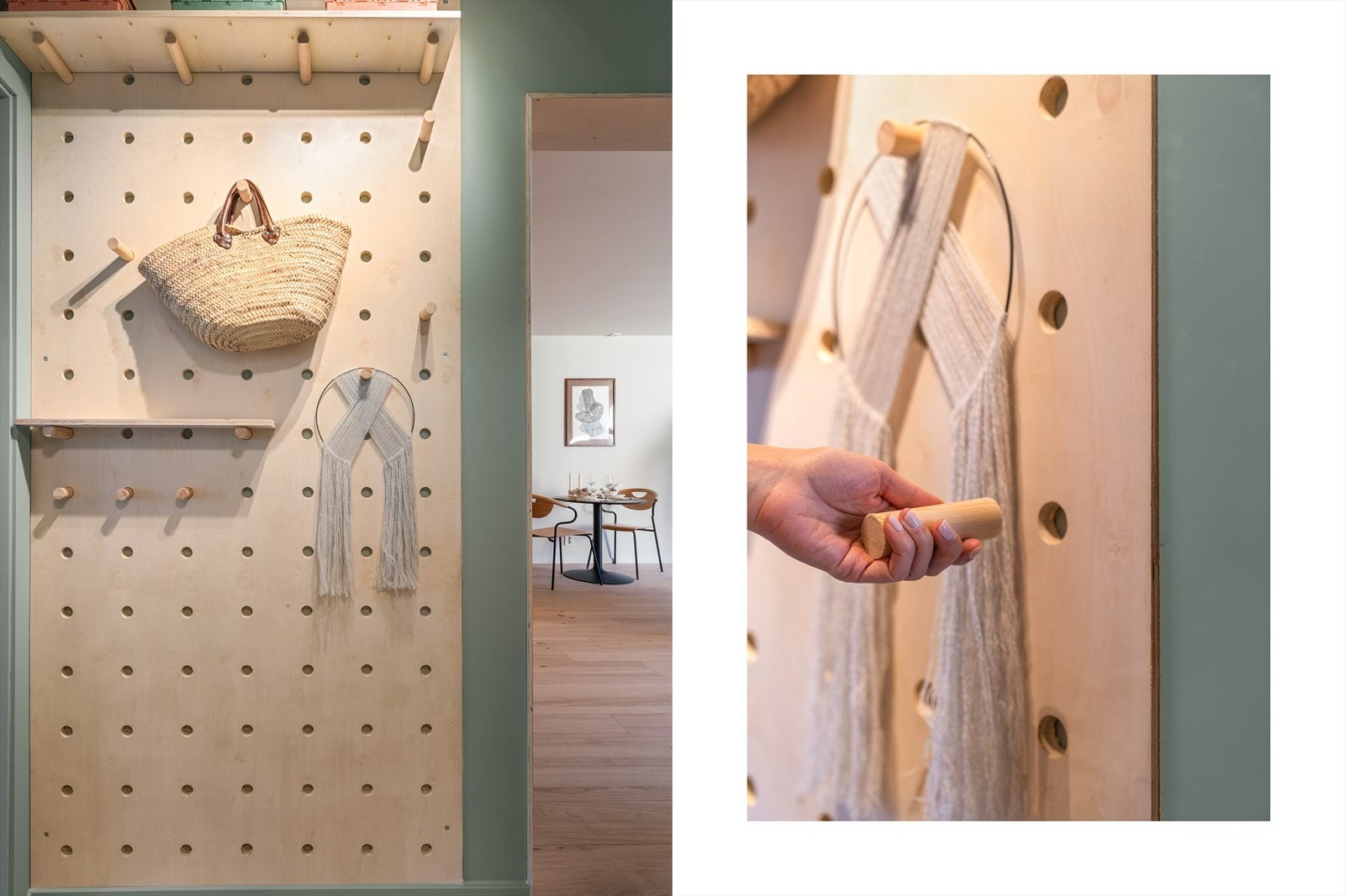 - Lekker trebasert pegboard-vegg med flyttbare treplugger som kan brukes til enkel og estetisk oppbevaring av bla.a. vesker og tekstiler - Galleribilde