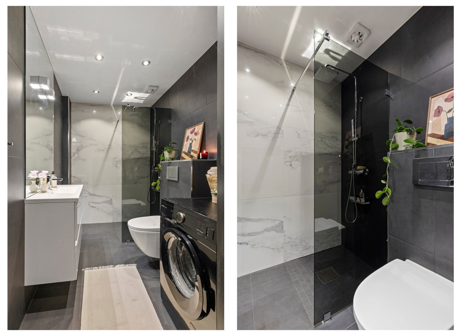 Flislagt bad med varmekabler, dusjnisje, veggmontert servantinnredning og toalett samt opplegg for vaskemaskin Galleribilde