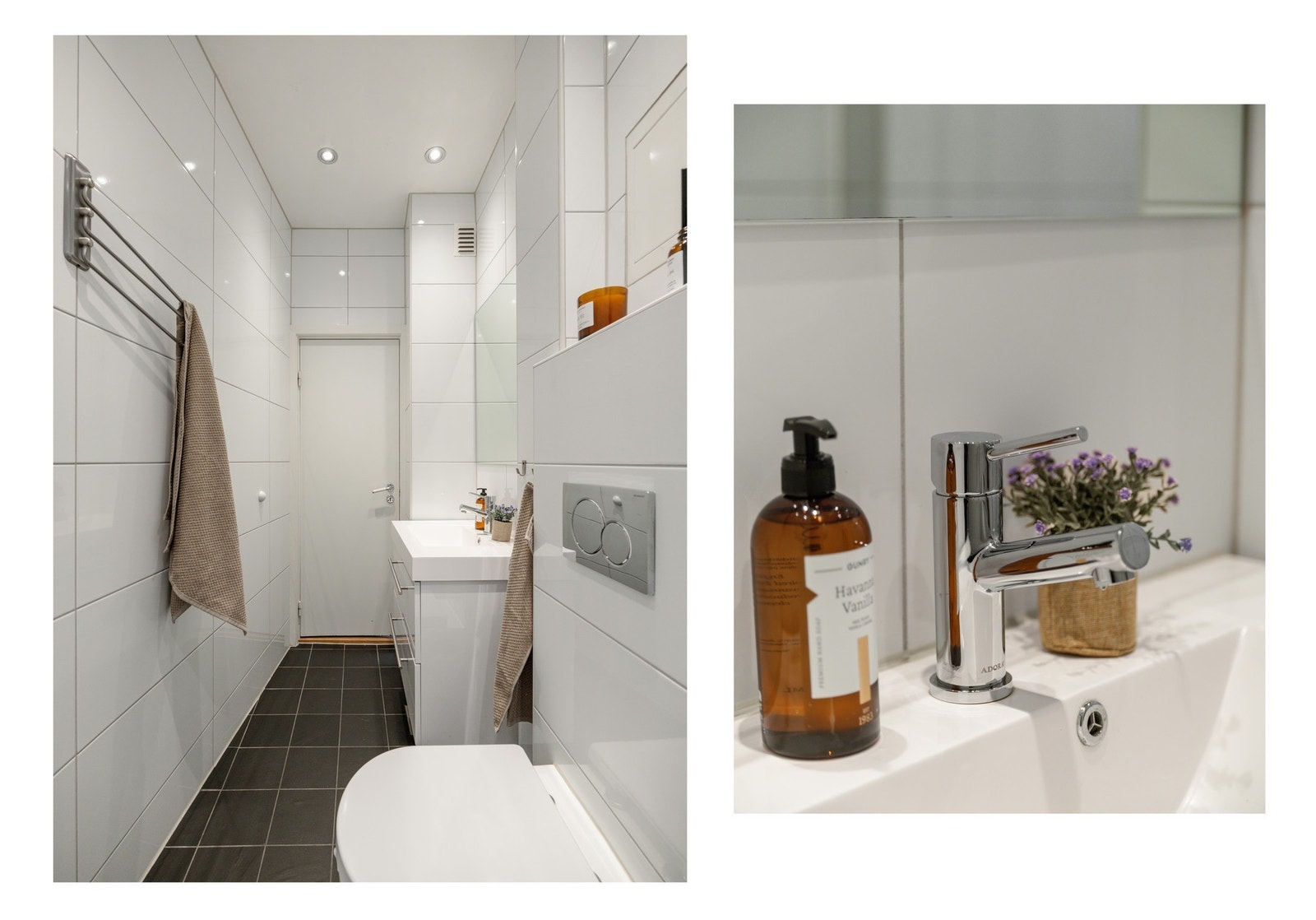 Det består av vegghengt toalett, servantinnredning, dusjhjørne og varmekabler i gulv. Det er verdt å merke seg at varmtvann er inkludert i fellekostnadene. Galleribilde