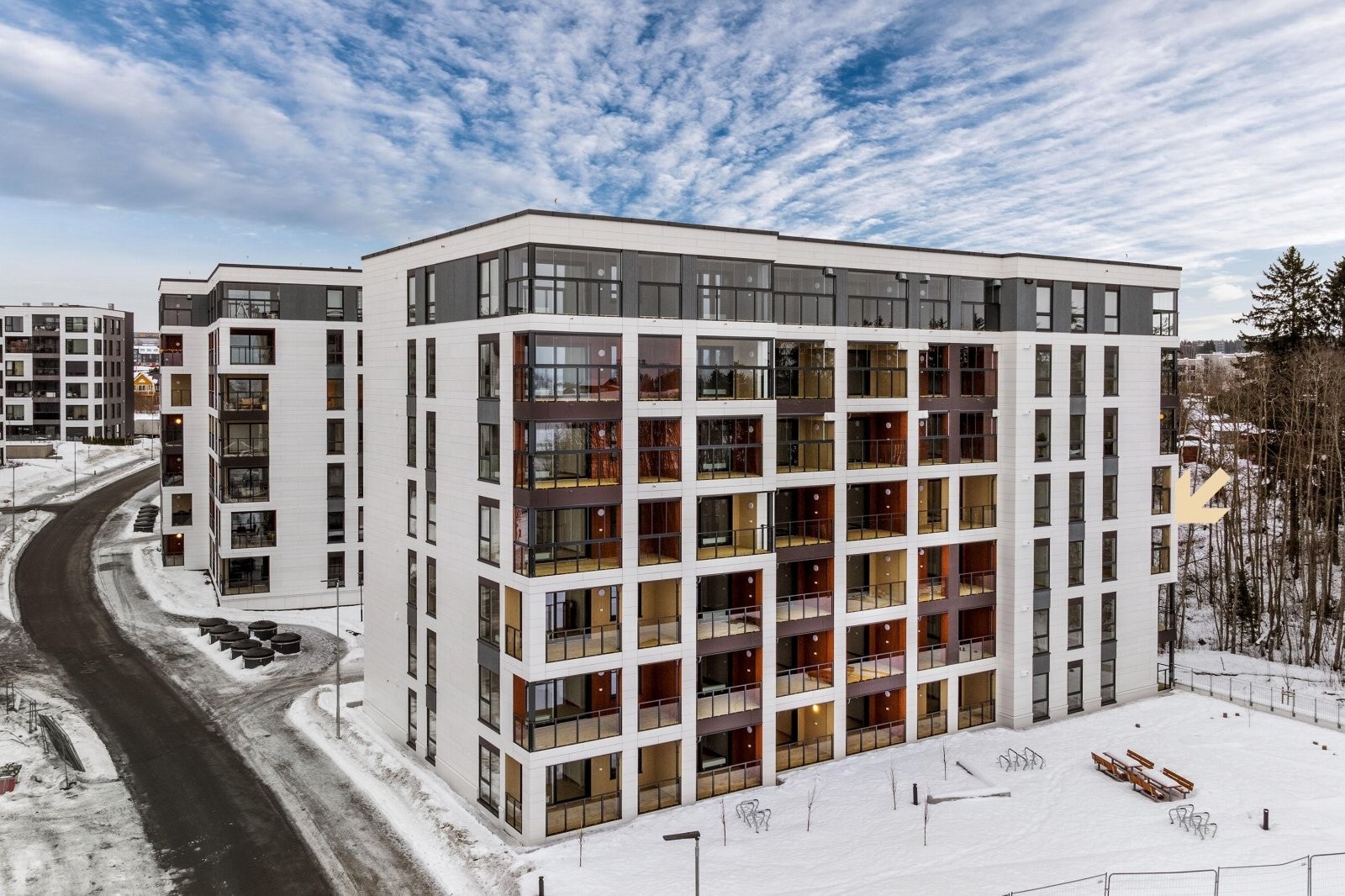 Bygg M består av 63 boligenheter, nyoppført i 2026. Galleribilde