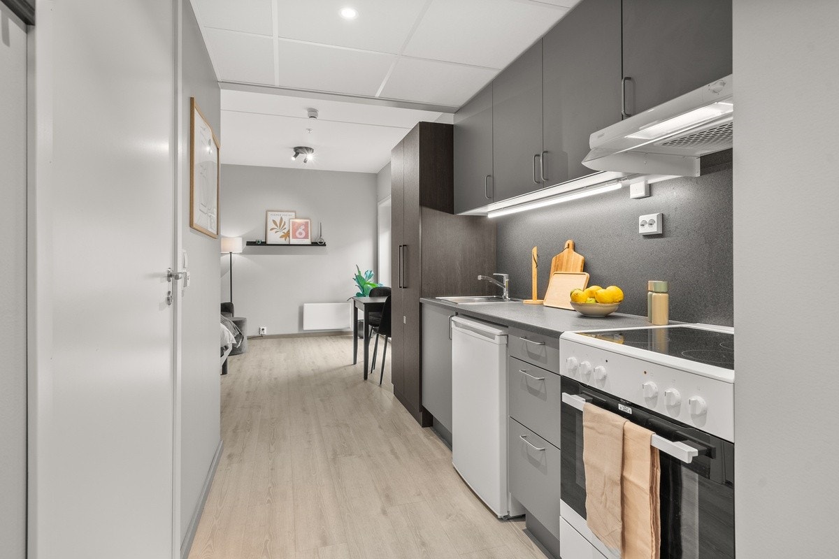 Kjøkkenet er utstyrt med ovn og kjøleskap Galleribilde