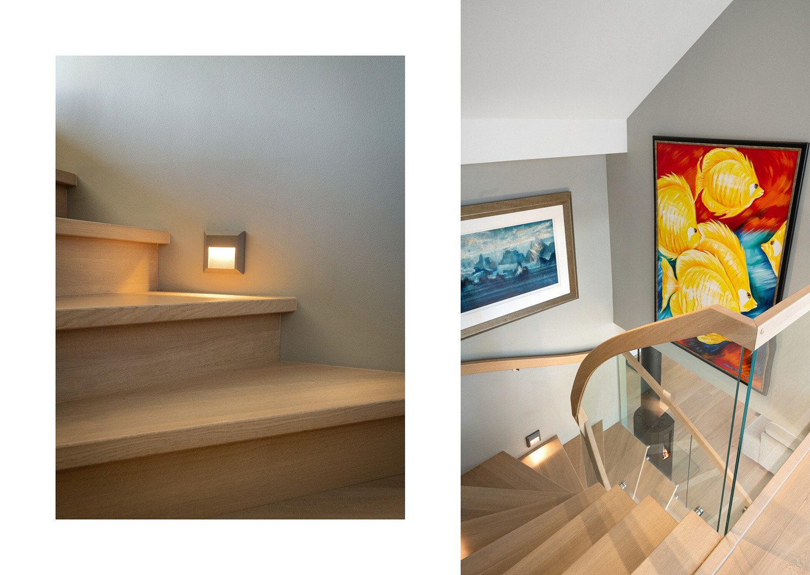 Boligen er påkostet med lekre løsninger som disse lekre tretrappene med trappelys og glassrekkverk Galleribilde