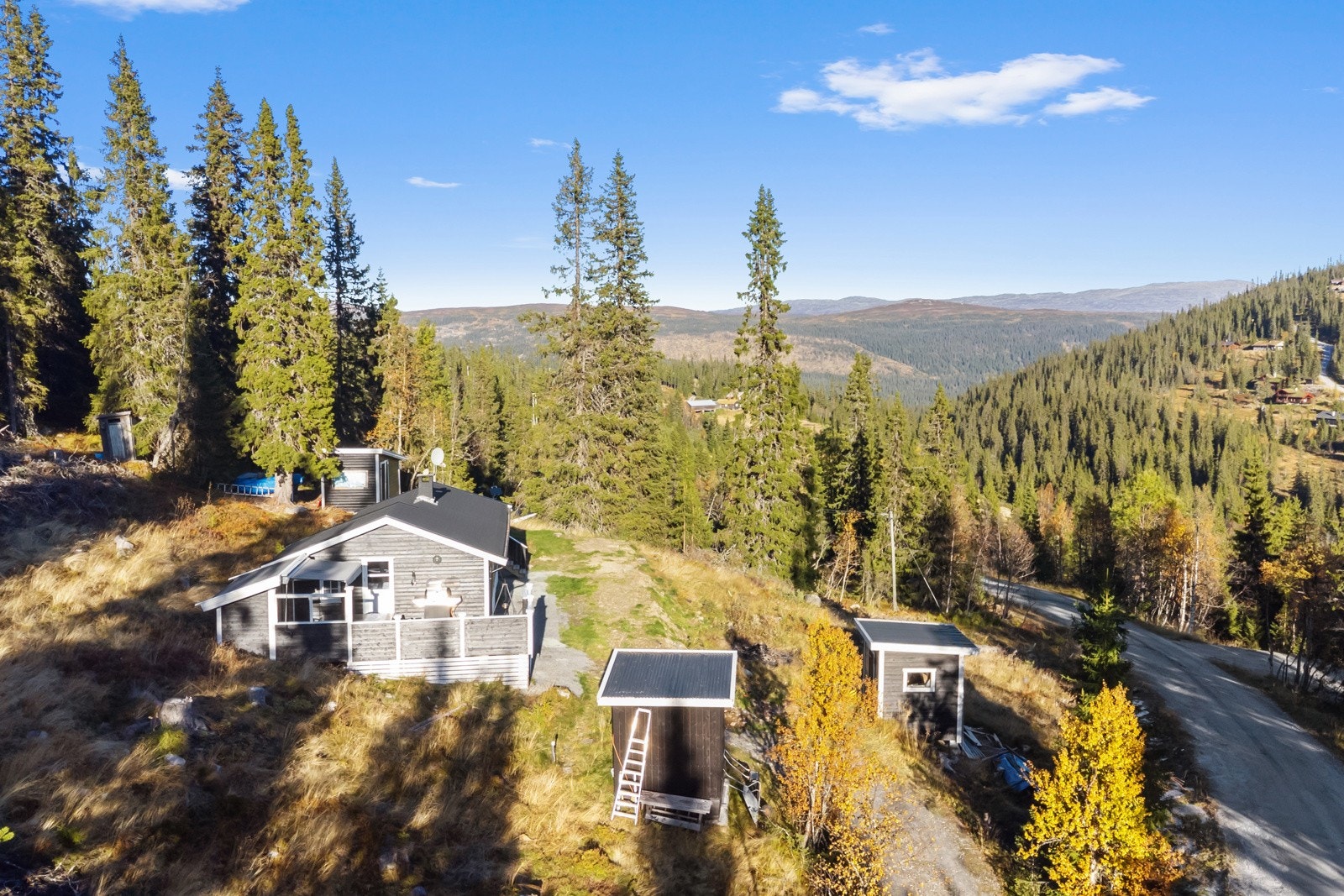 Eiendommen består av hytte, uthus m/ utedo og dusjrom, samt to andre uthus/boder. Galleribilde