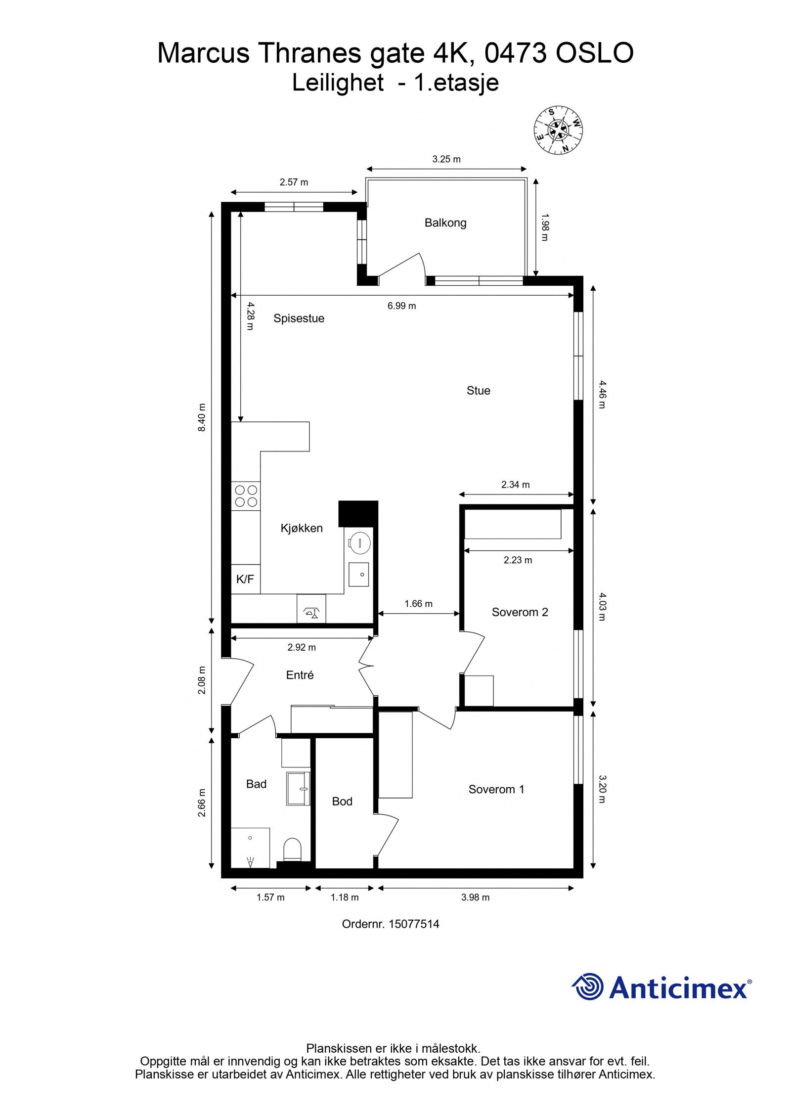 Plantegning. I tillegg disponerer leiligheten en garasjeplass med elbil-lader i felles garasjeanlegg, samt en bod på ca. 5m² i underetasje. Heis i bygget. Galleribilde