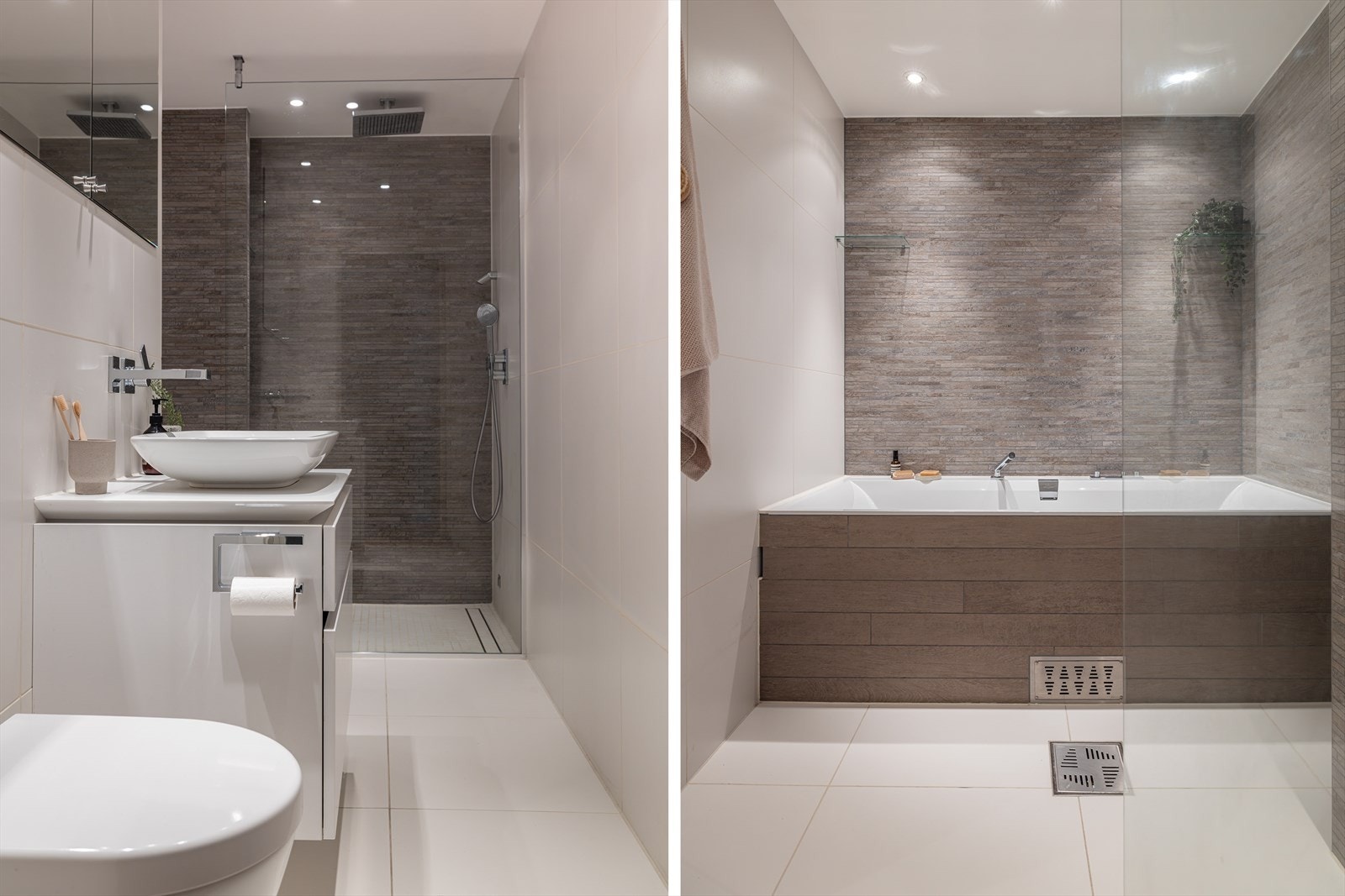 Lekkert bad med regnfallsdusj og innfliset badekar. Galleribilde