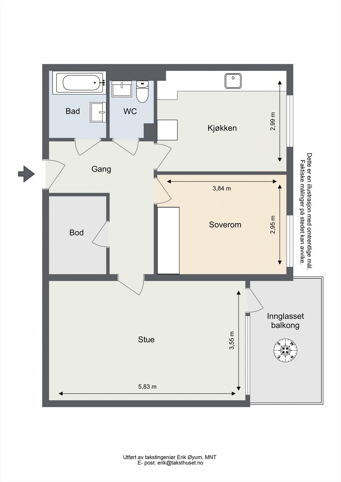 Takstmanns plantegning - Leiligheten ligger i 2 etasje med enkel adkomst via heis. Galleribilde