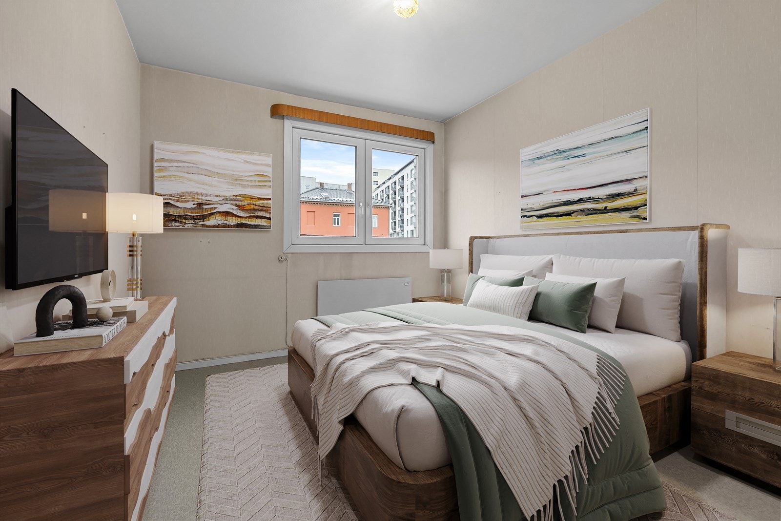 Romslig soverom. Digitalt stylet og ment som illustrasjon. Galleribilde