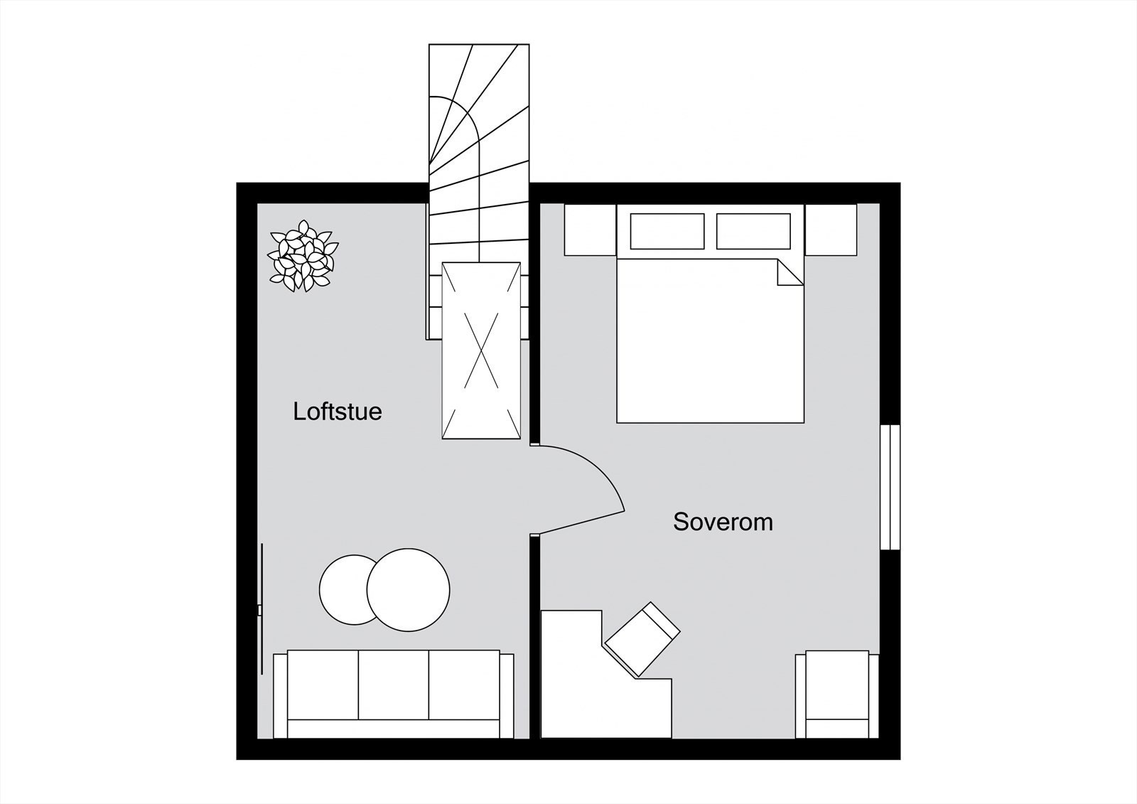 Plantegning loft. Det gjøres oppmerksom på at loftet ikke har godkjente oppholdsrom. Galleribilde