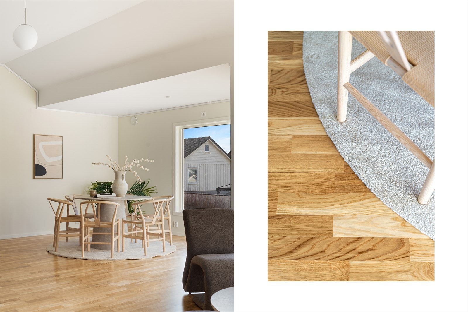 Hovedetasjen er holdt i en tidsriktig fargepalett. Utstrakt bruk av parkett. Overflater i hovedetasjen ble oppgradert i 2025. Galleribilde