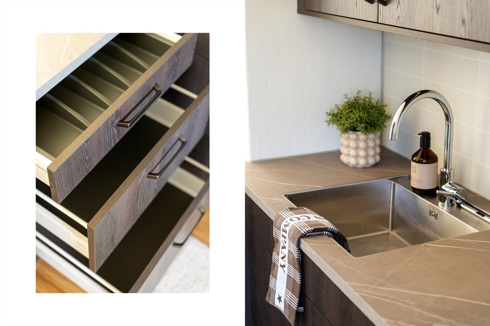 Rikelig med oppbevaringsplass i skuffer og skap. Lekker benkeplate i laminat. Galleribilde