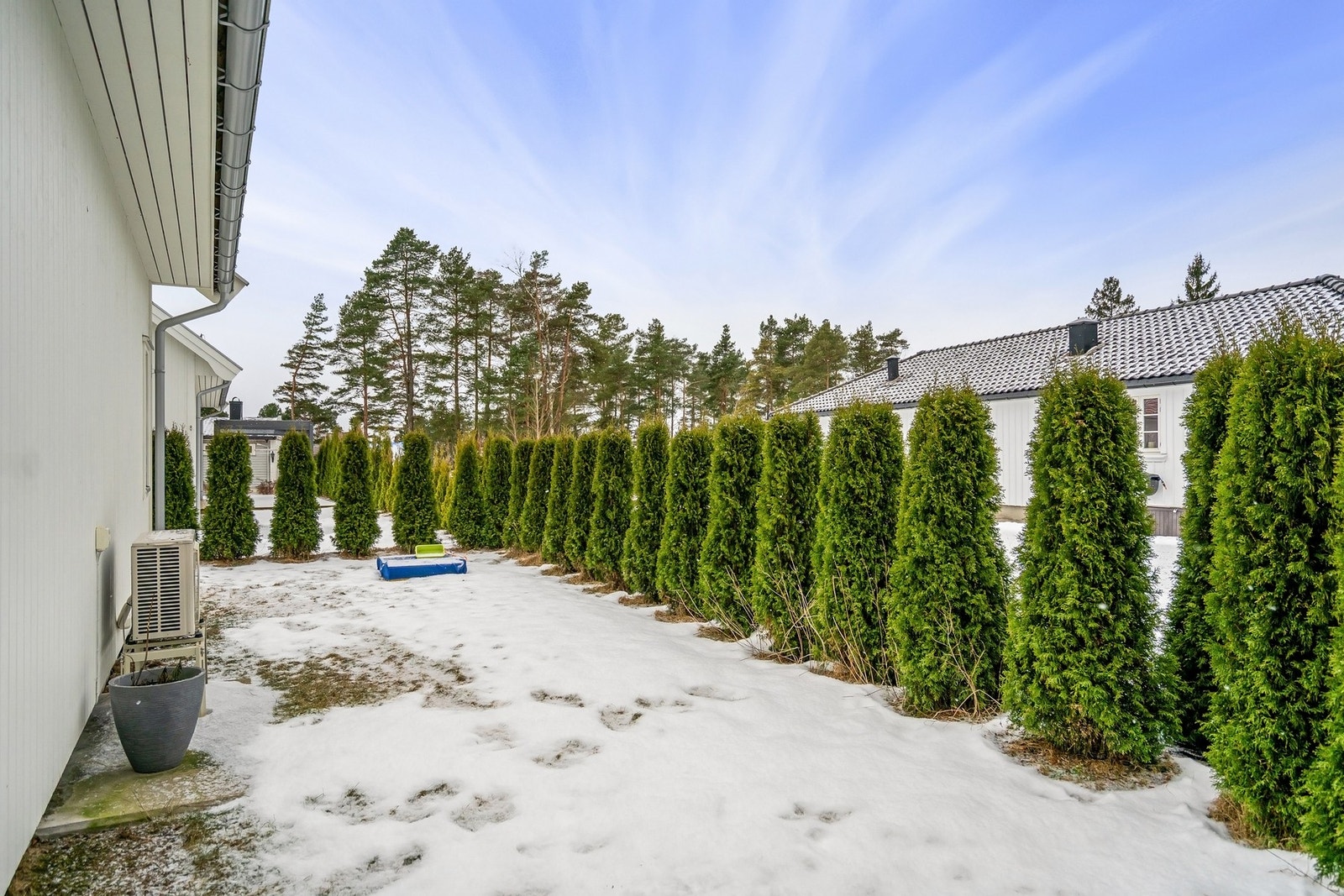 Tomten er pent innrammet med tujahekk. Galleribilde