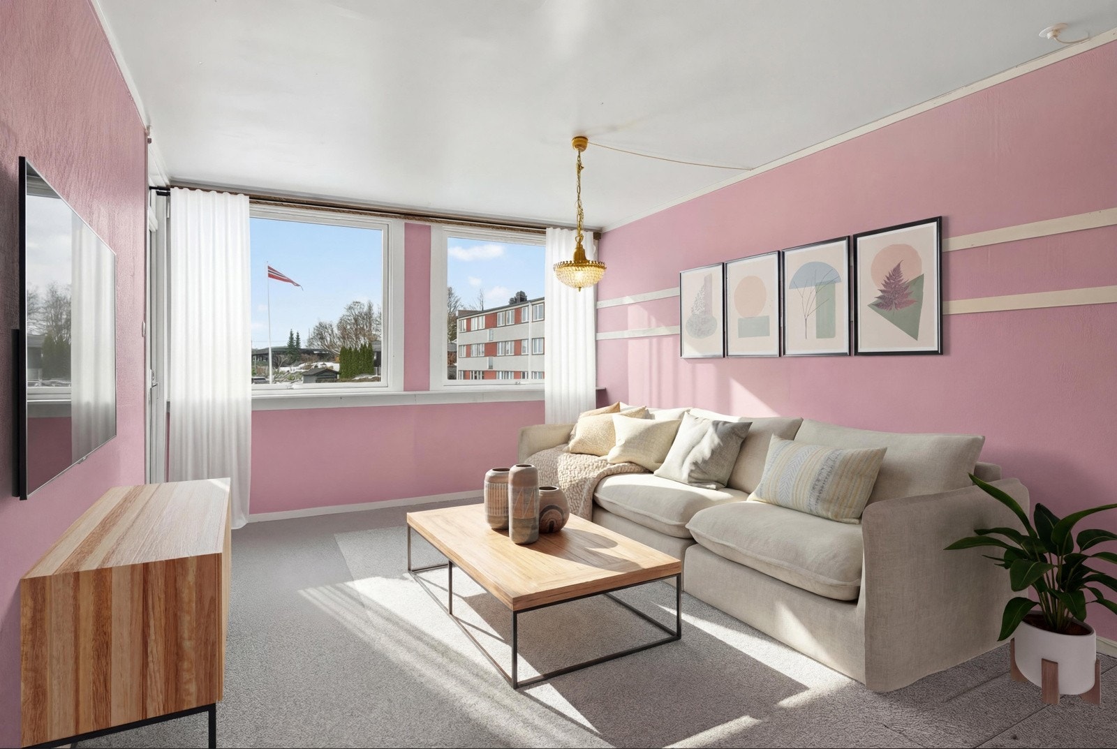 Lys stue med god plass sofagruppe (bilde er digitalt innredet). Galleribilde