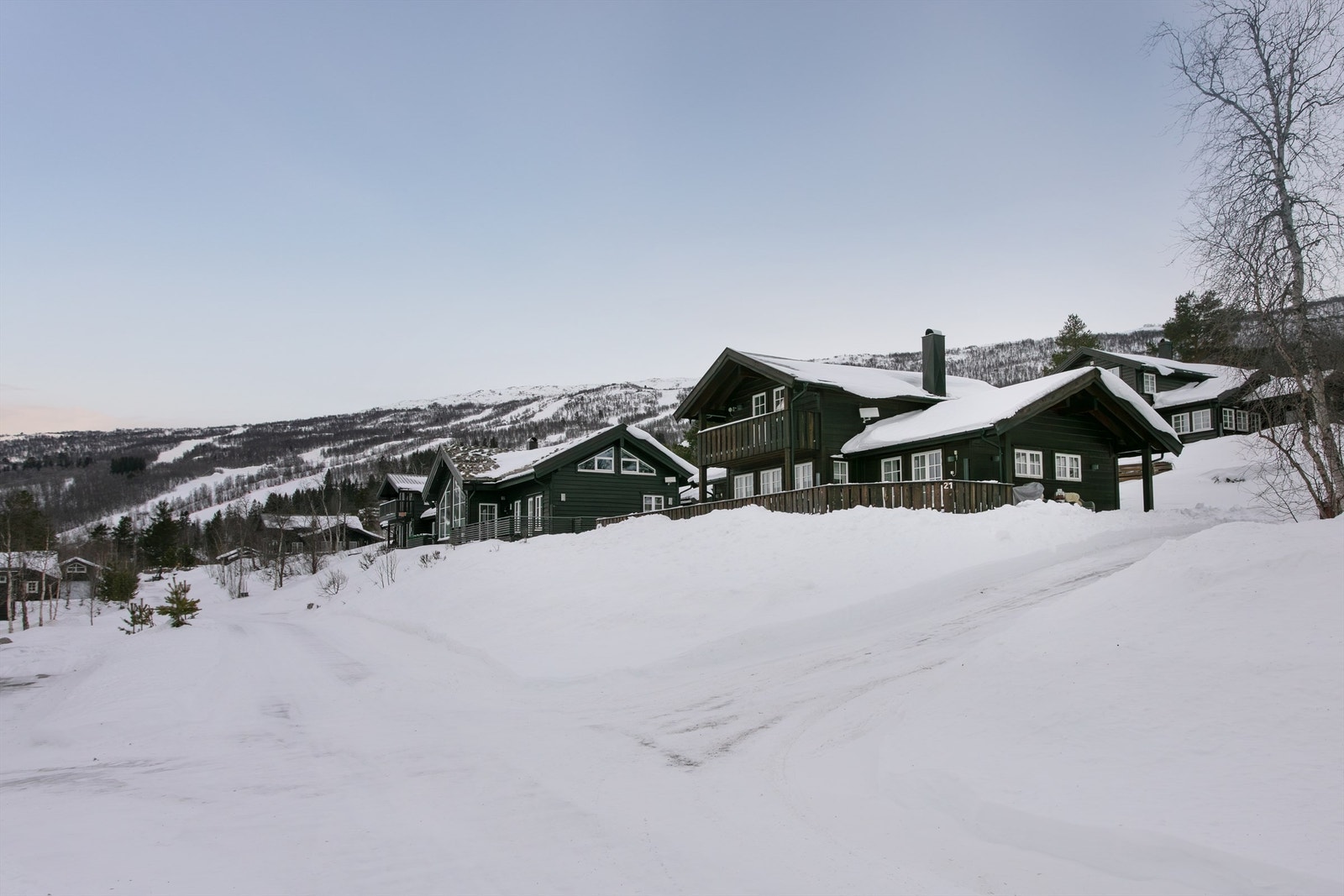 Fasade sett fra adkomstvei - tomten ligger i lett skrånende terreng Galleribilde