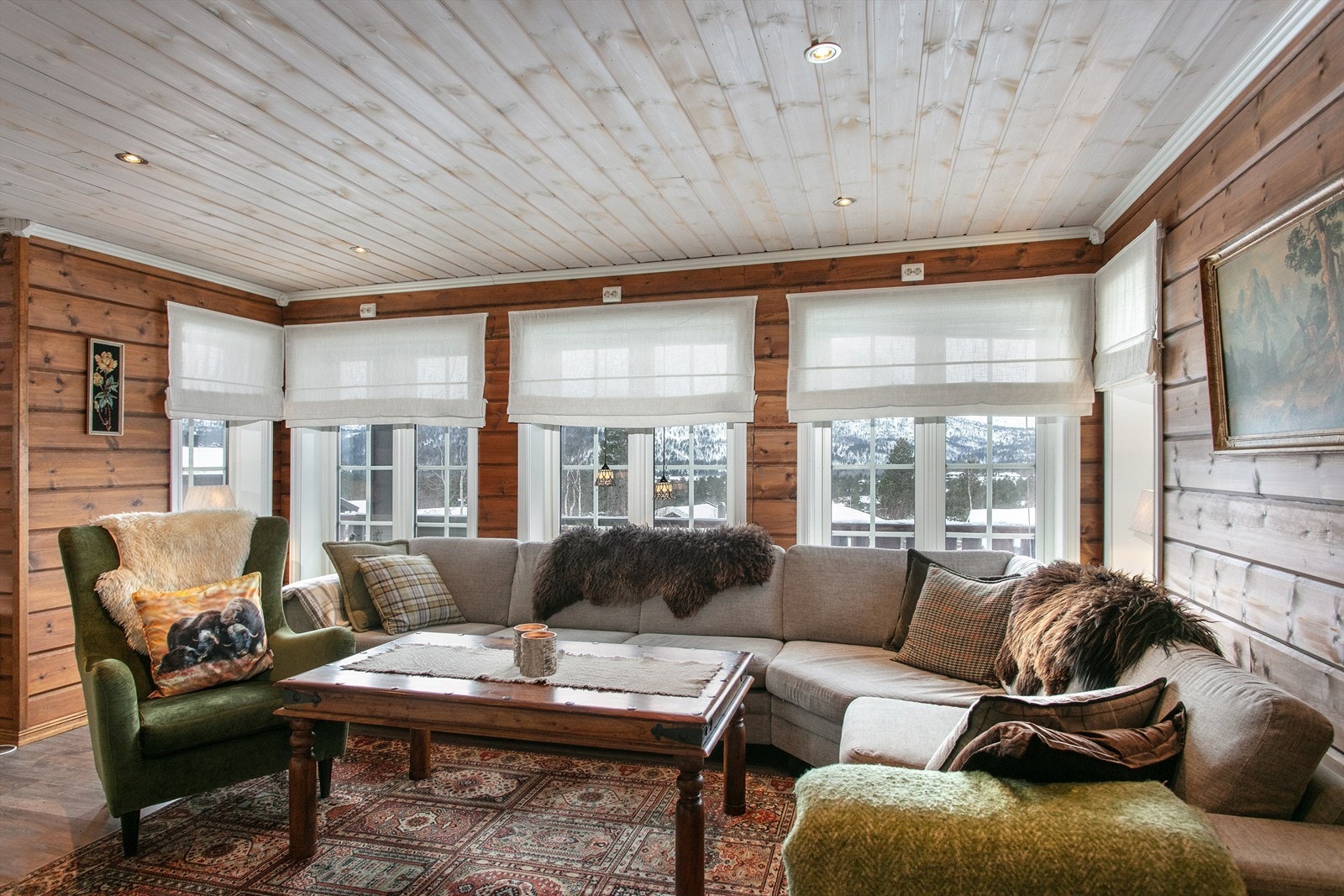 Store vindusflater på stuen gir godt med lysinnslipp Galleribilde