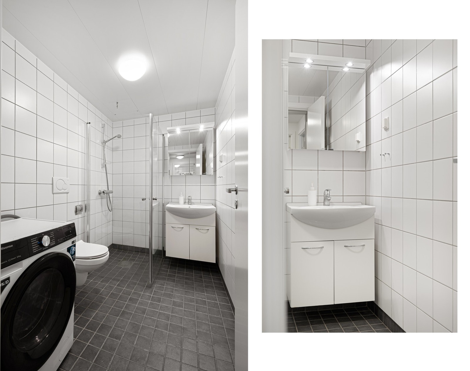 Pent, flislagt bad fungerer som kombinert vaskerom Galleribilde