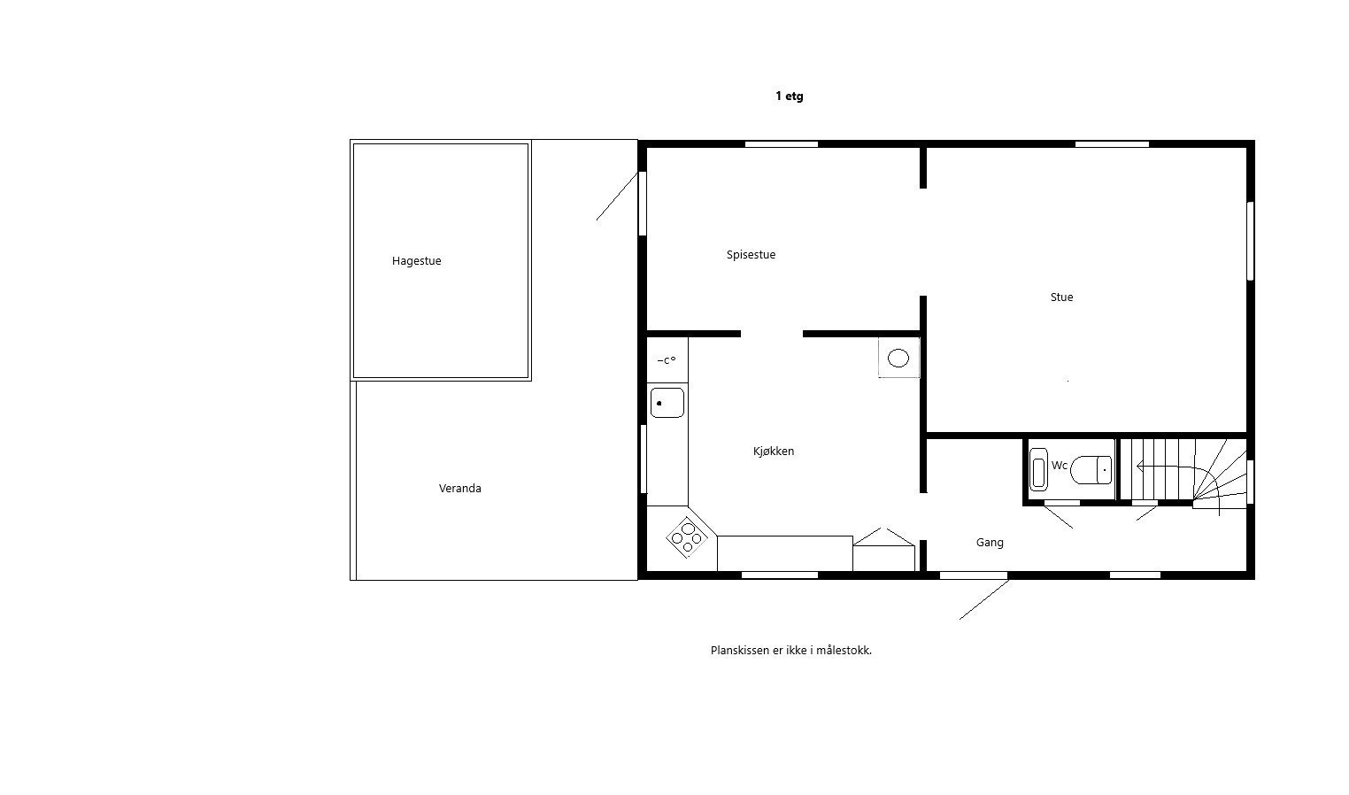 Romslig førsteetasje med stue, kjøkken, spisestue, WC og gang. Tilgang til veranda og hagestue. Perfekt for familie. Galleribilde