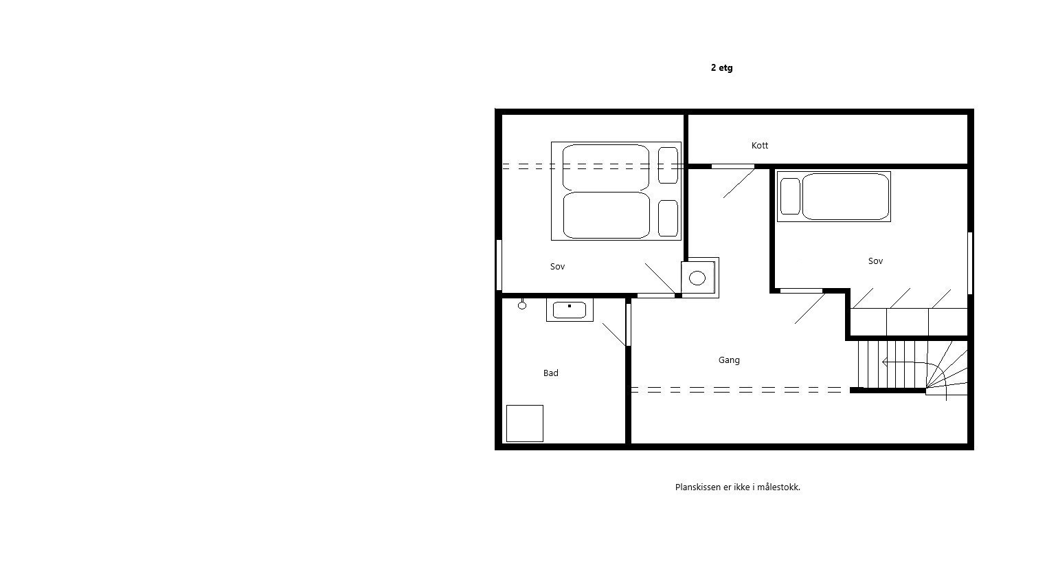 Lys og luftig andreetasje med to soverom, bad/vaskerom, gang og praktisk kott. Ideell for familie, eller deg som ønsker deg koselig enebolig alene. Galleribilde