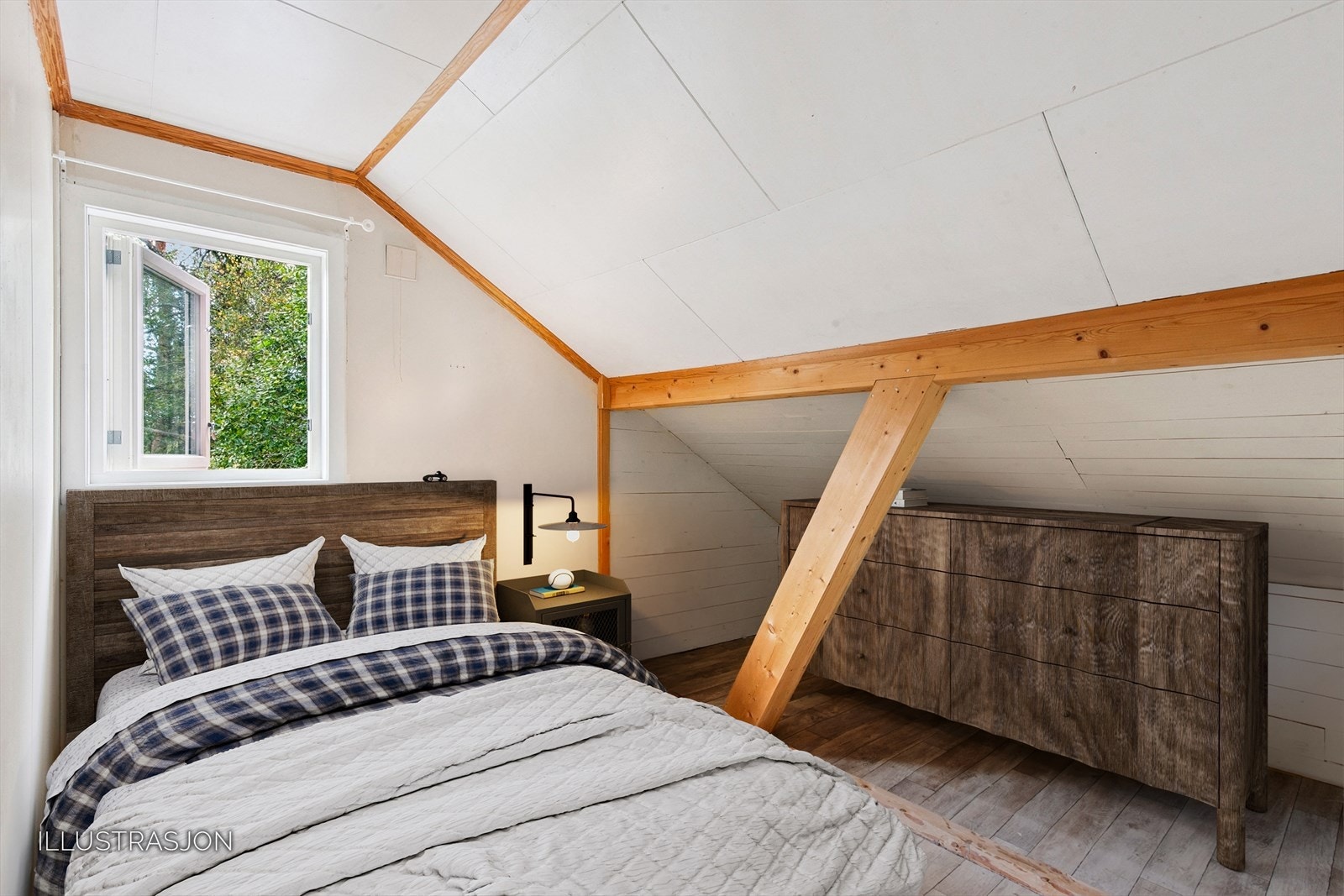 Soverom 2. Soverommet har plass til dobbeltseng, kommode eller skyvedørsgarderobe i kneveggen.
Illustrasjons bilde. Galleribilde