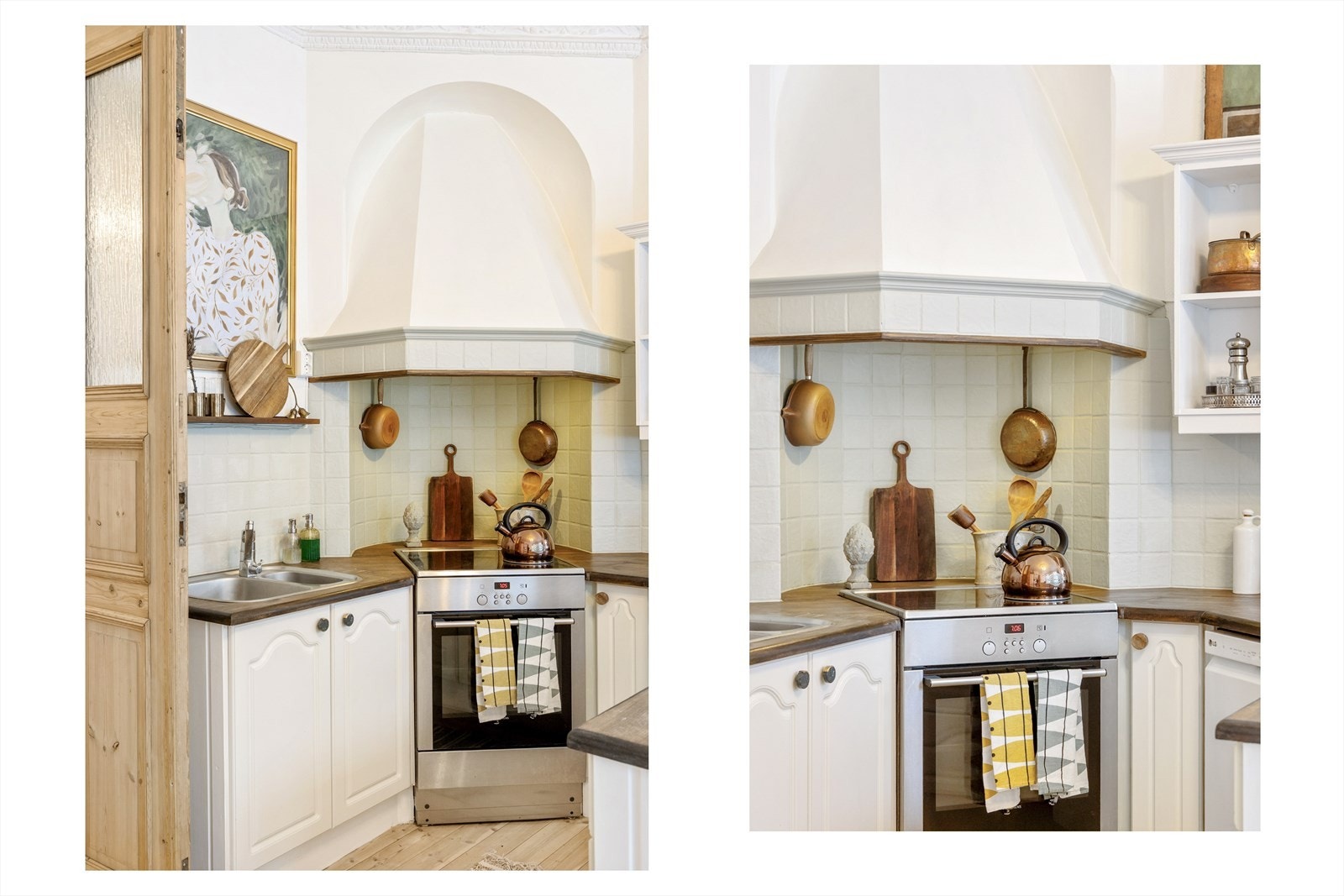 Kjøkkeninnredning med hvite profilerte fronter, fliser på vegg over kjøkkenbenk og benkeplate i tre. Galleribilde