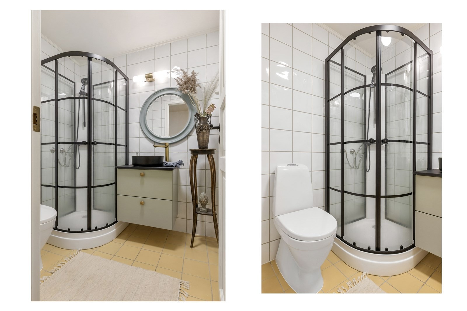 Badet inneholder dusjkabinett, gulvstående toalett og baderomsinnredning med skuffer, servant med ettgreps blandebatteri. Galleribilde