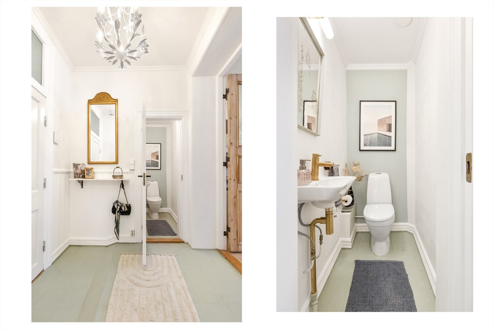 Toalettrom med flislagt gulv og nylig malte veggflater. Utstyrt med gulvmontert toalett, servant med ettgreps blandebatteri og belysning. Galleribilde