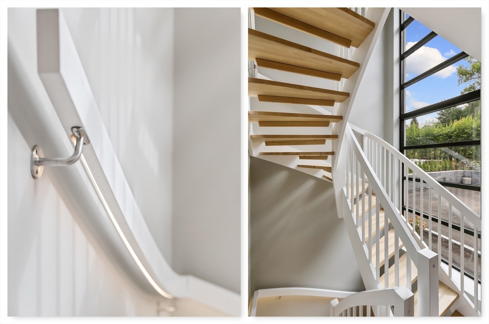 Håndlaget trapp fra Engan trappesnekkeri med ledbelysning i håndløper. Galleribilde