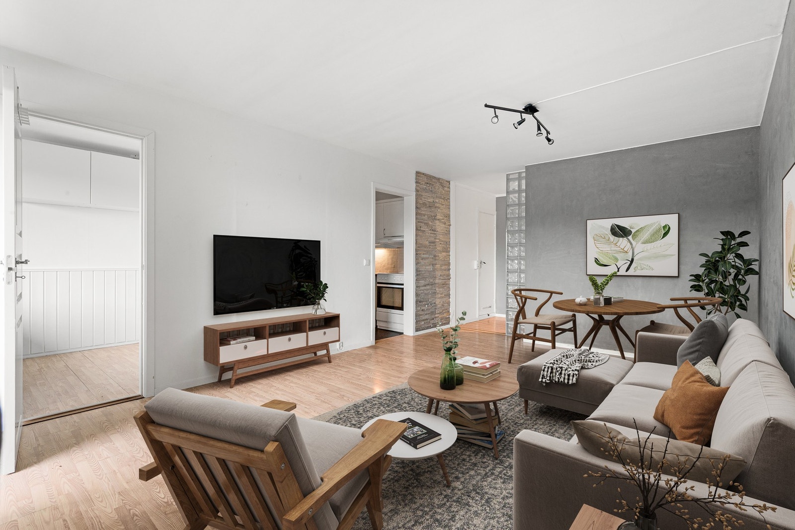 Stor stue på ca. 20,2m² med gode møbleringsmuligheter. Bilde er virtuelt fremstilt med møbler. Galleribilde