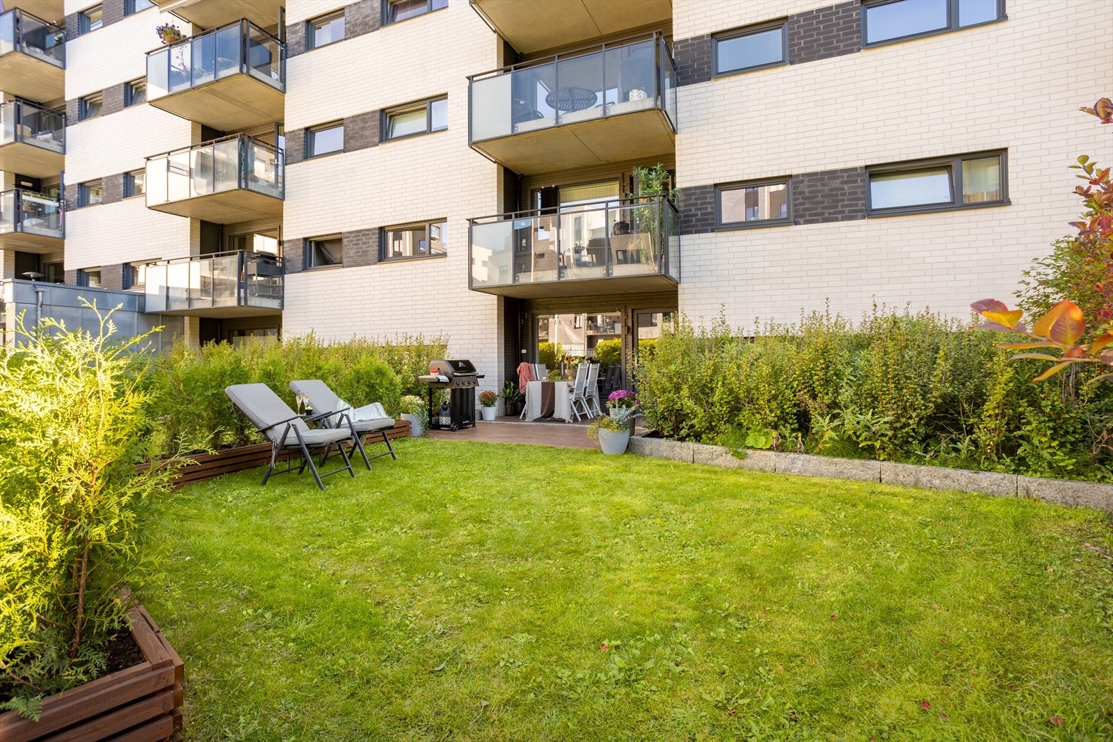 Herlig sommerbilde av gressplenen og terrassen. Fra enden på plantekassen nede til venstre og mot blomsterpotten ved terrassen går skillet mellom egen plen og fellesareal. Galleribilde