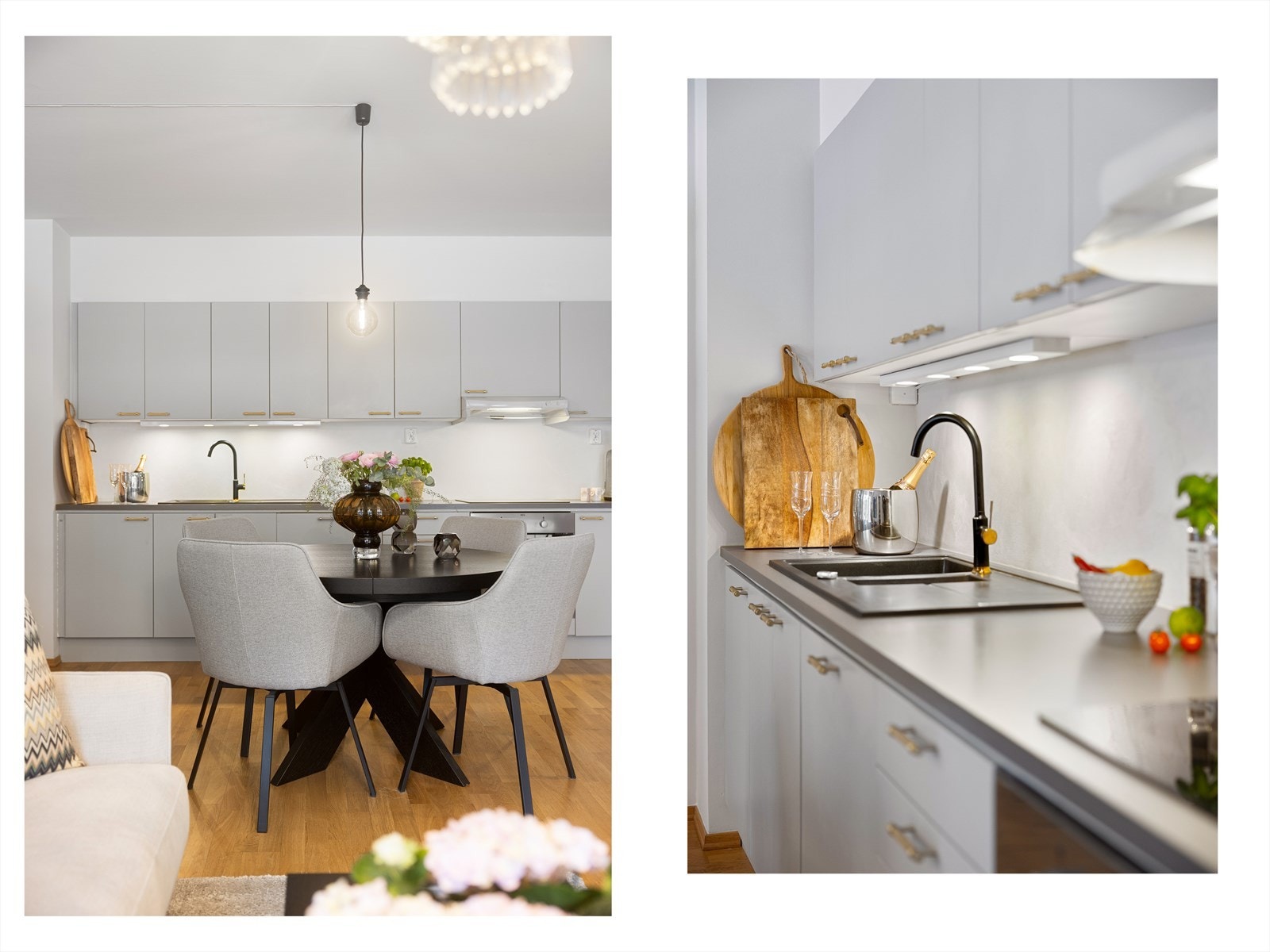 Kjøkkeninnredningen ble malt i 2024 og fikk nye, stilige kjøkkenhåndtak fra Lovehandles. Galleribilde